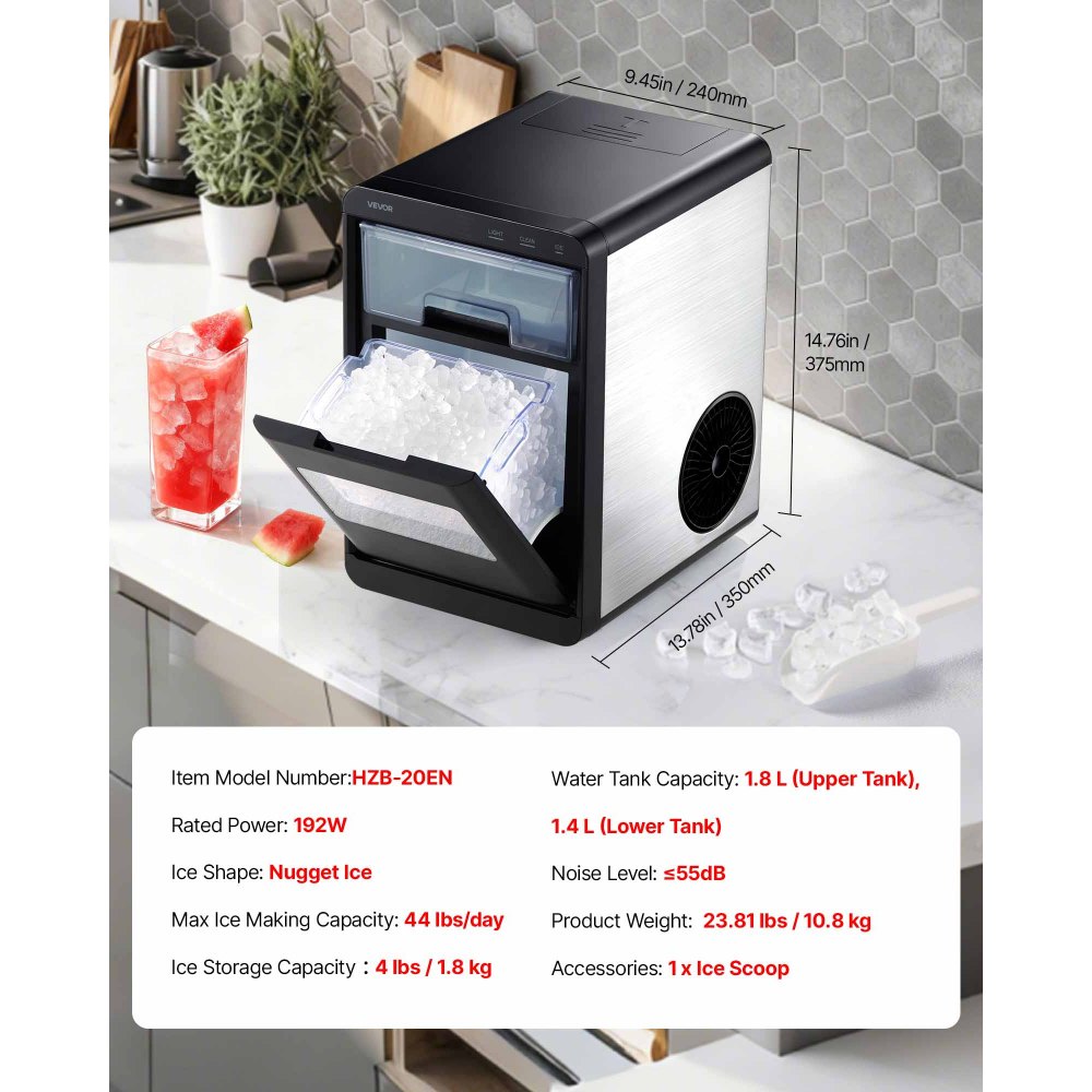 VEVOR Countertop Ice Maker, 44 lbs per Day, Self-Cleaning Portable Machine with Scoop, Drawer-Style Ice Access, Nugget Ice-Making Machine with Chewable Ices for Home, Kitchen, Office, Bar & Party