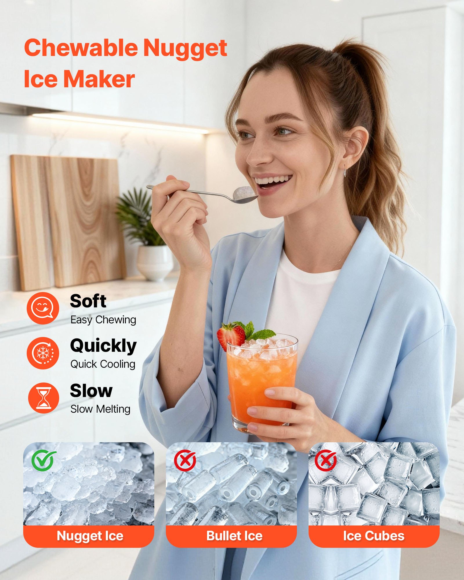 VEVOR Countertop Ice Maker, 44 lbs per Day, Self-Cleaning Portable Machine with Scoop, Drawer-Style Ice Access, Nugget Ice-Making Machine with Chewable Ices for Home, Kitchen, Office, Bar & Party