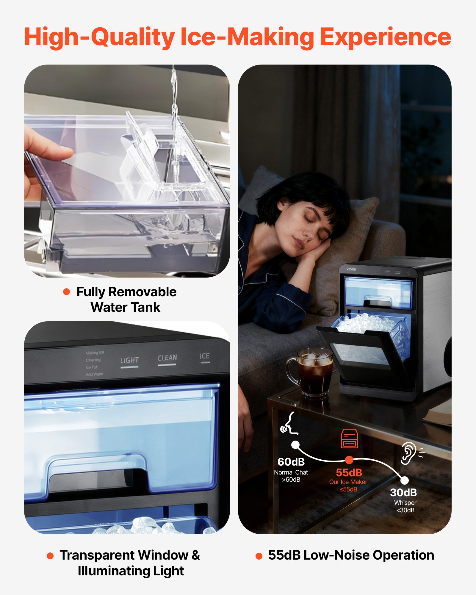 VEVOR Countertop Ice Maker, 44 lbs per Day, Self-Cleaning Portable Machine with Scoop, Drawer-Style Ice Access, Nugget Ice-Making Machine with Chewable Ices for Home, Kitchen, Office, Bar & Party