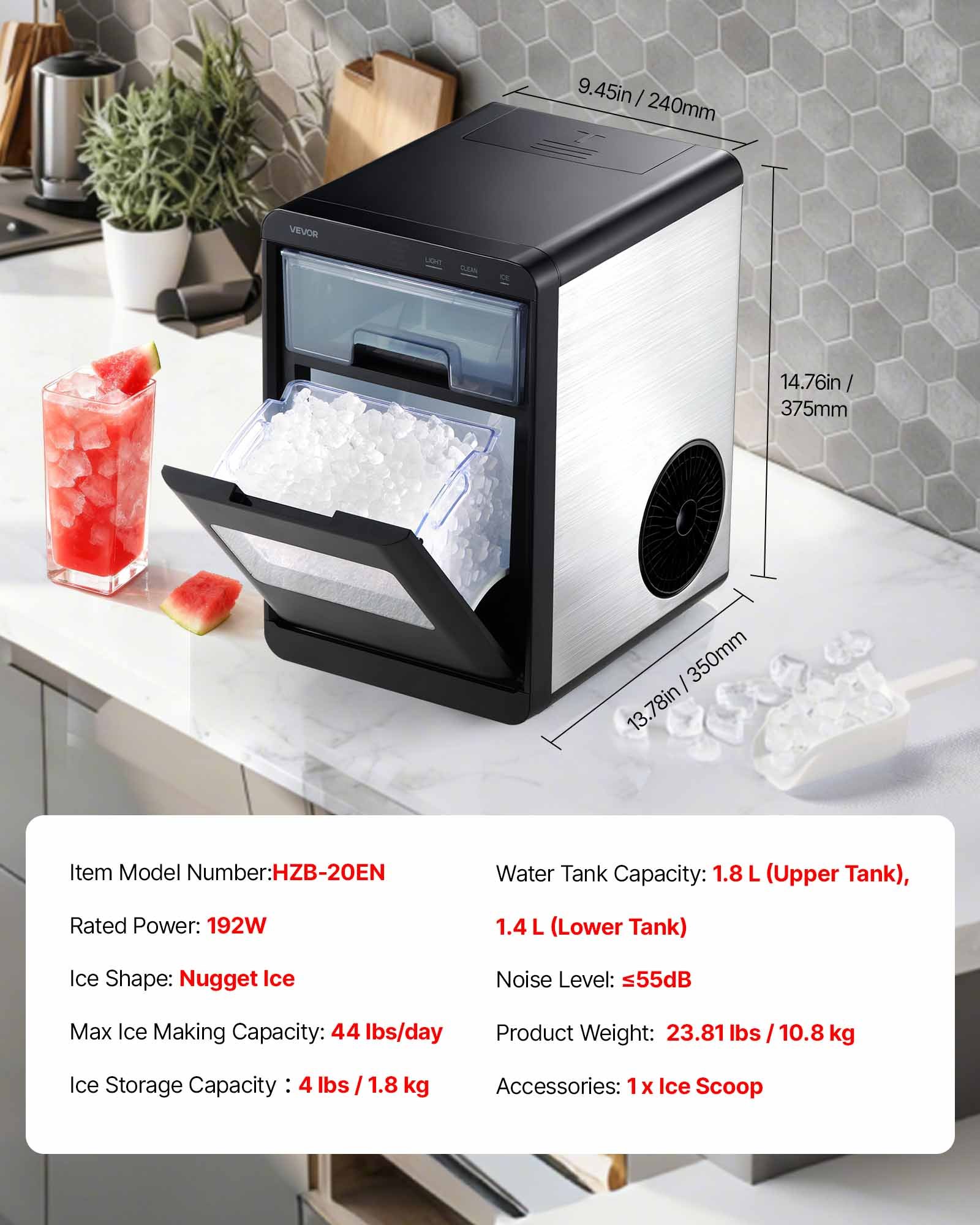 VEVOR Countertop Ice Maker, 44 lbs per Day, Self-Cleaning Portable Machine with Scoop, Drawer-Style Ice Access, Nugget Ice-Making Machine with Chewable Ices for Home, Kitchen, Office, Bar & Party
