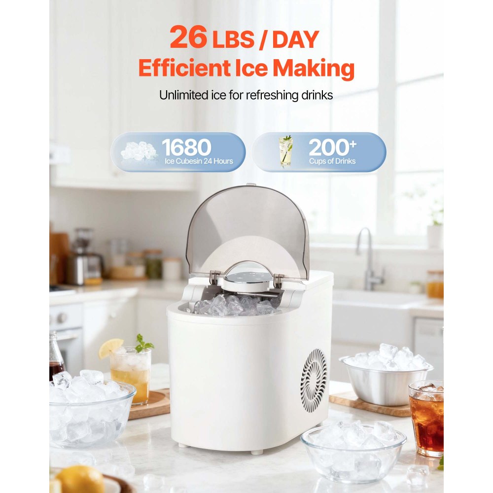 VEVOR Countertop Ice Maker, 7 Cubes Ready in 6 Mins, 26 lbs per Day, Self-Cleaning Portable Machine with Ice Scoop, Ice-Making Machine with 2 Sizes Bullet Ices for Home, Kitchen, Office, Bar & Party