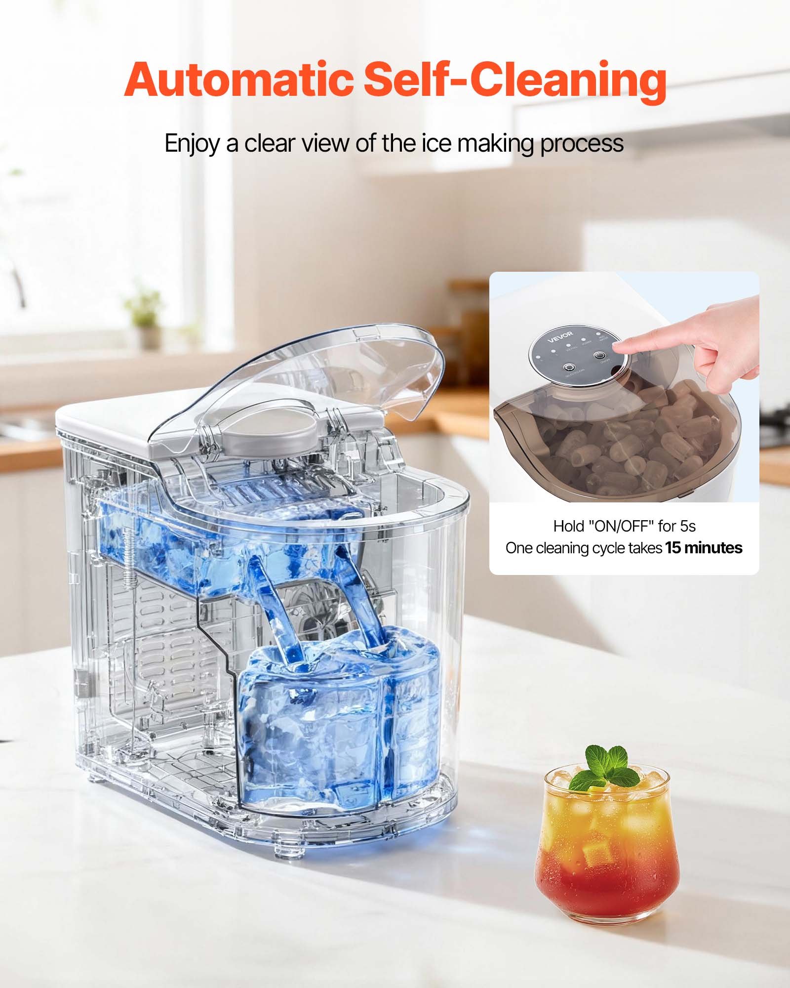 VEVOR Countertop Ice Maker, 7 Cubes Ready in 6 Mins, 26 lbs per Day, Self-Cleaning Portable Machine with Ice Scoop, Ice-Making Machine with 2 Sizes Bullet Ices for Home, Kitchen, Office, Bar & Party