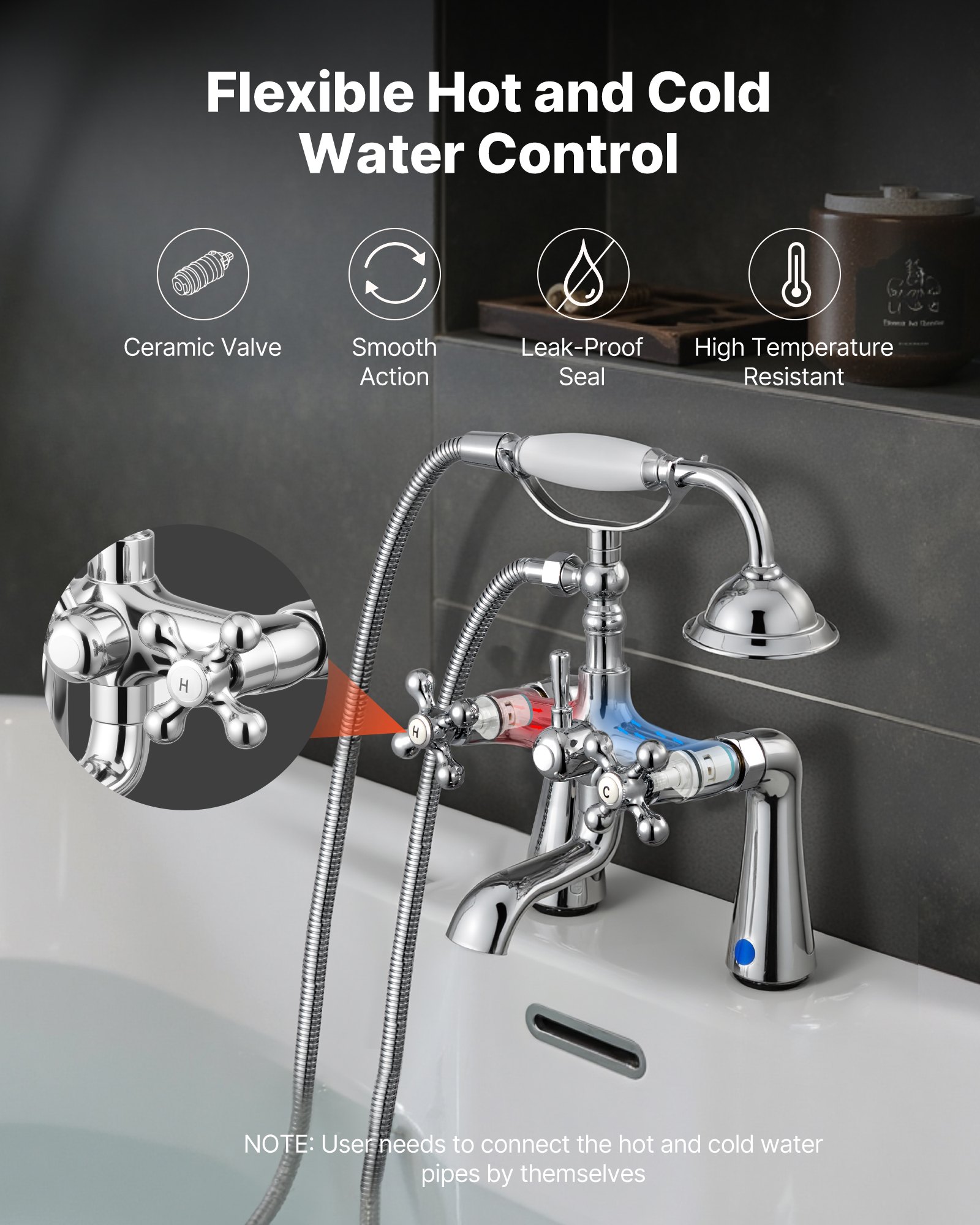 KES Metal Tub Spout With Diverter & 9-Setting Handheld Shower Sprayer – Chrome, Fits 1/2" Or 3/4" IPS & 1/2" Slip-On Copper