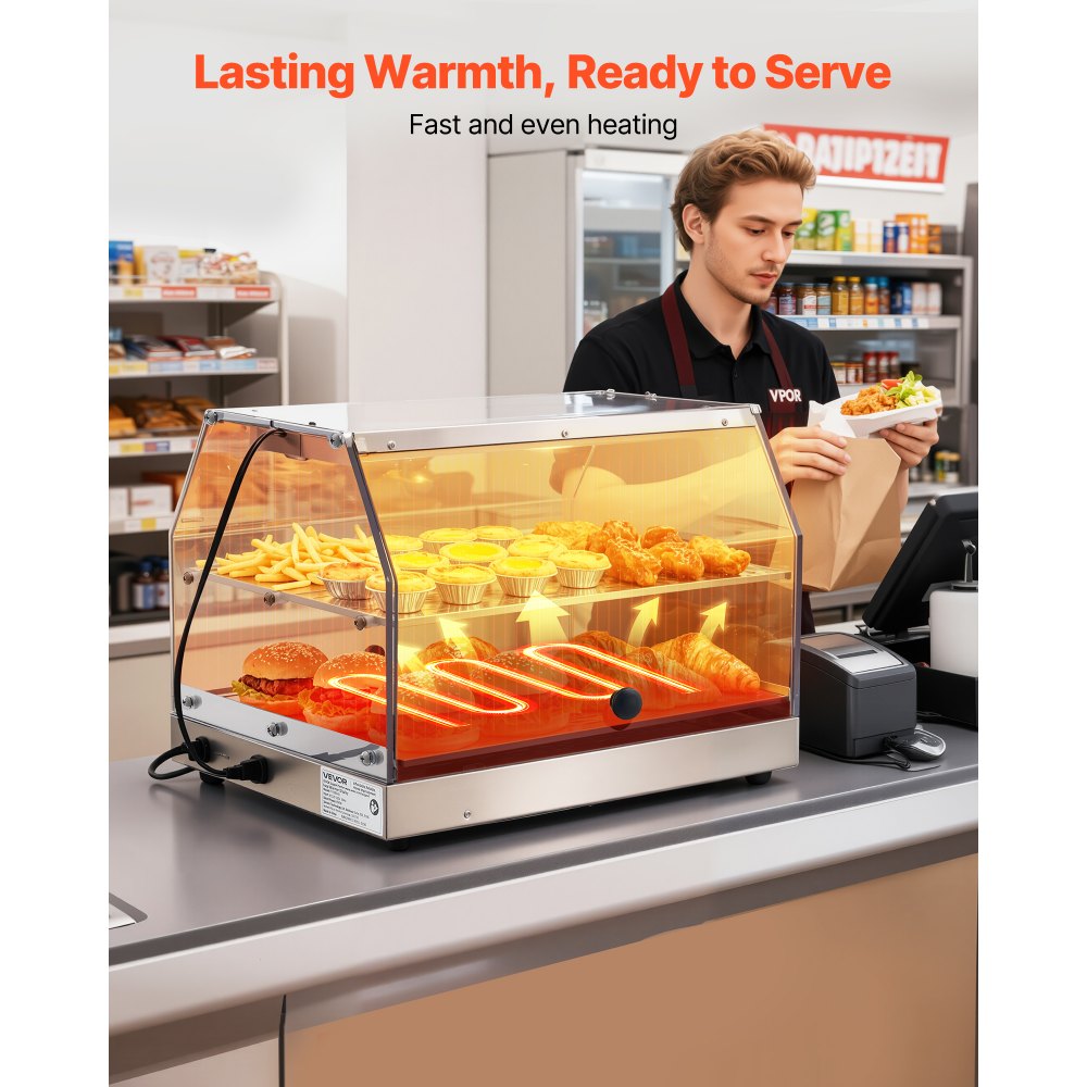 VEVOR 2-Tier Commercial Food Warmer Display, 450W Food Display Warmer with Light, Detachable Shelves and Double-Sided Door Design, 85℉~185℉ Air Heating, 48L for Hamburger, Pizza, Bread, Fried Chicken
