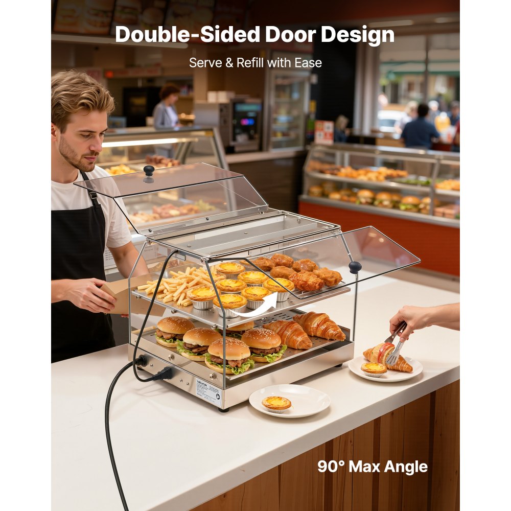 VEVOR 2-Tier Commercial Food Warmer Display, 450W Food Display Warmer with Light, Detachable Shelves and Double-Sided Door Design, 85℉~185℉ Air Heating, 48L for Hamburger, Pizza, Bread, Fried Chicken