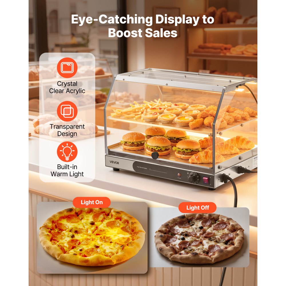 VEVOR 2-Tier Commercial Food Warmer Display, 450W Food Display Warmer with Light, Detachable Shelves and Double-Sided Door Design, 85℉~185℉ Air Heating, 48L for Hamburger, Pizza, Bread, Fried Chicken