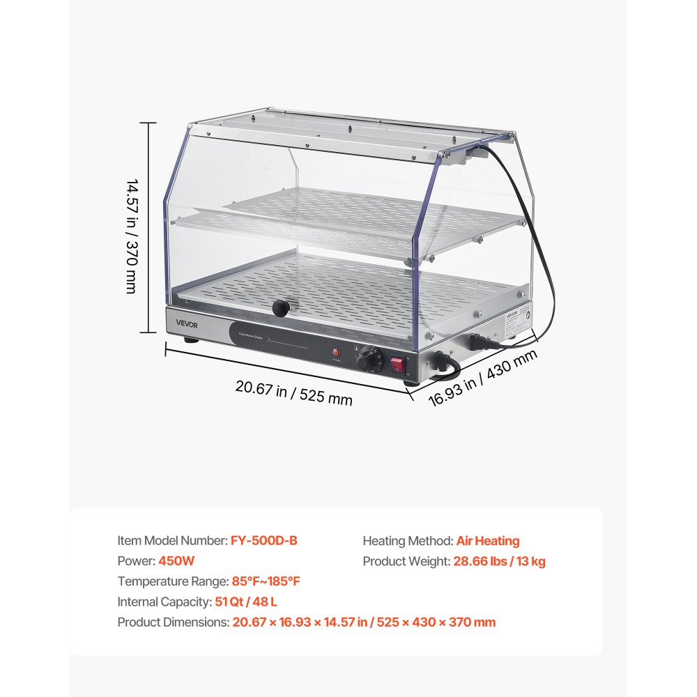 VEVOR 2-Tier Commercial Food Warmer Display, 450W Food Display Warmer with Light, Detachable Shelves and Double-Sided Door Design, 85℉~185℉ Air Heating, 48L for Hamburger, Pizza, Bread, Fried Chicken