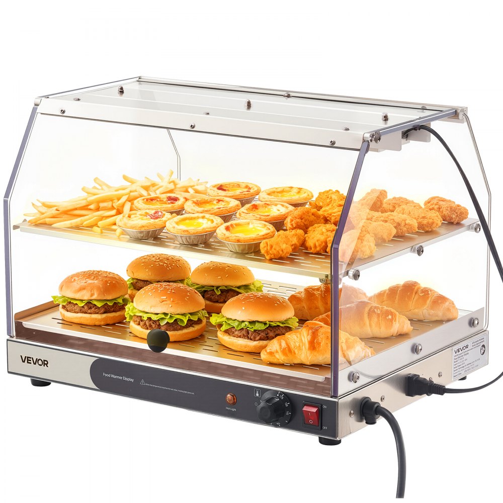 VEVOR 2-Tier Commercial Food Warmer Display, 450W Food Display Warmer with Light, Detachable Shelves and Double-Sided Door Design, 85℉~185℉ Air Heating, 48L for Hamburger, Pizza, Bread, Fried Chicken