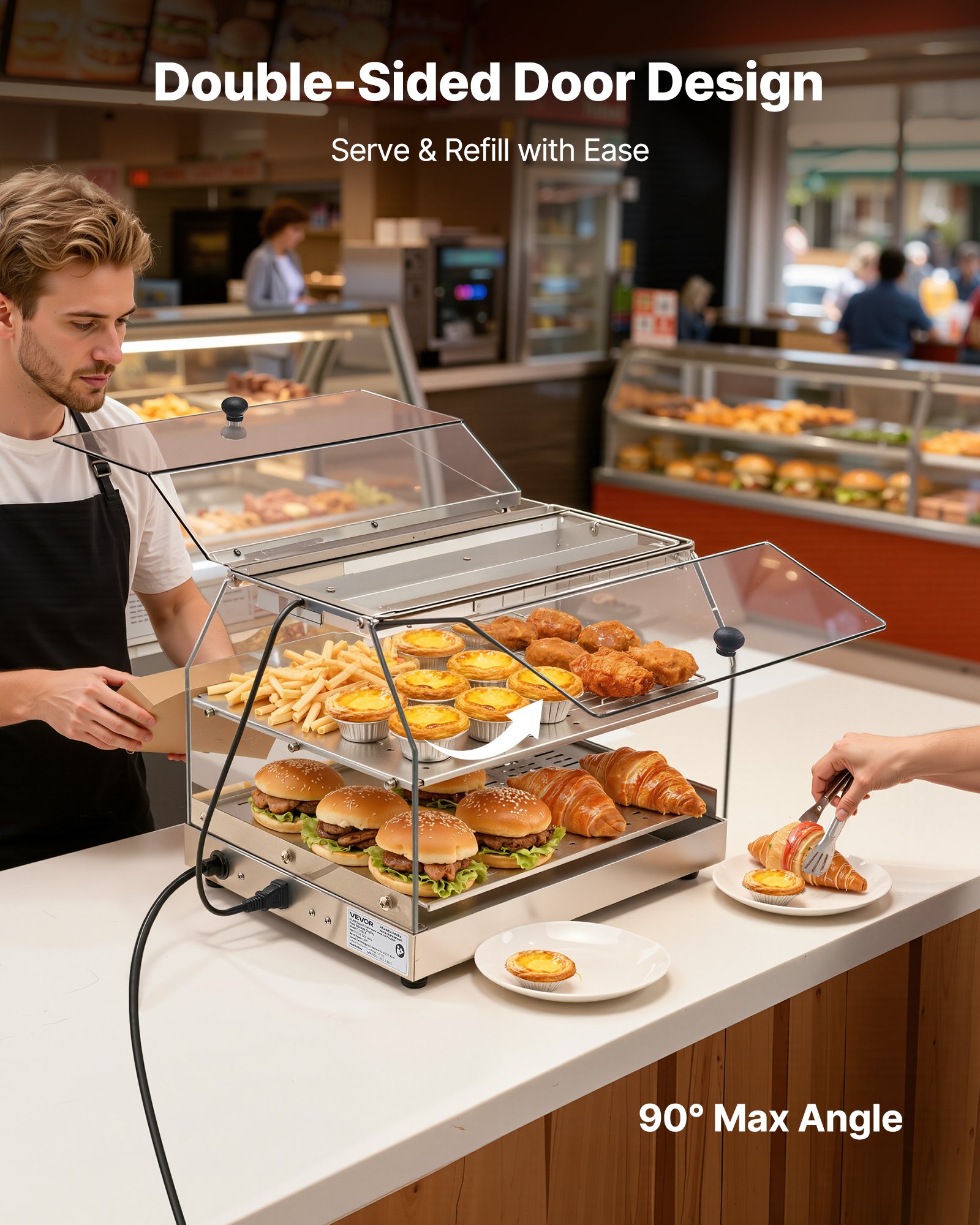 VEVOR 2-Tier Commercial Food Warmer Display, 450W Food Display Warmer with Light, Detachable Shelves and Double-Sided Door Design, 85℉~185℉ Air Heating, 48L for Hamburger, Pizza, Bread, Fried Chicken