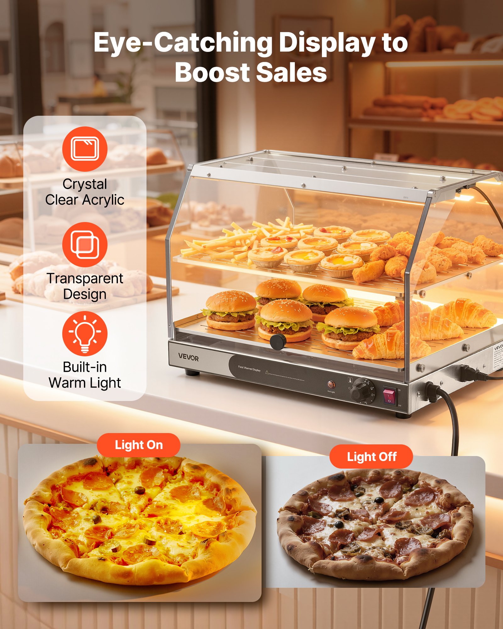 VEVOR 2-Tier Commercial Food Warmer Display, 450W Food Display Warmer with Light, Detachable Shelves and Double-Sided Door Design, 85℉~185℉ Air Heating, 48L for Hamburger, Pizza, Bread, Fried Chicken