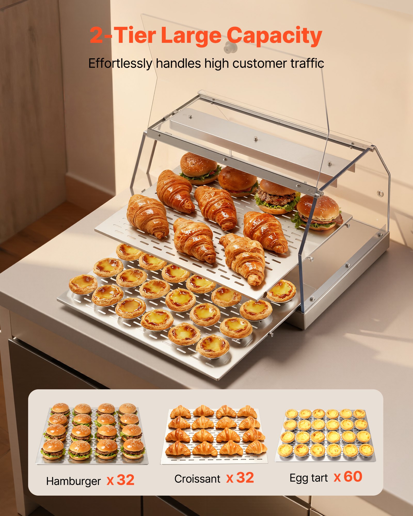 VEVOR 2-Tier Commercial Food Warmer Display, 450W Food Display Warmer with Light, Detachable Shelves and Double-Sided Door Design, 85℉~185℉ Air Heating, 48L for Hamburger, Pizza, Bread, Fried Chicken