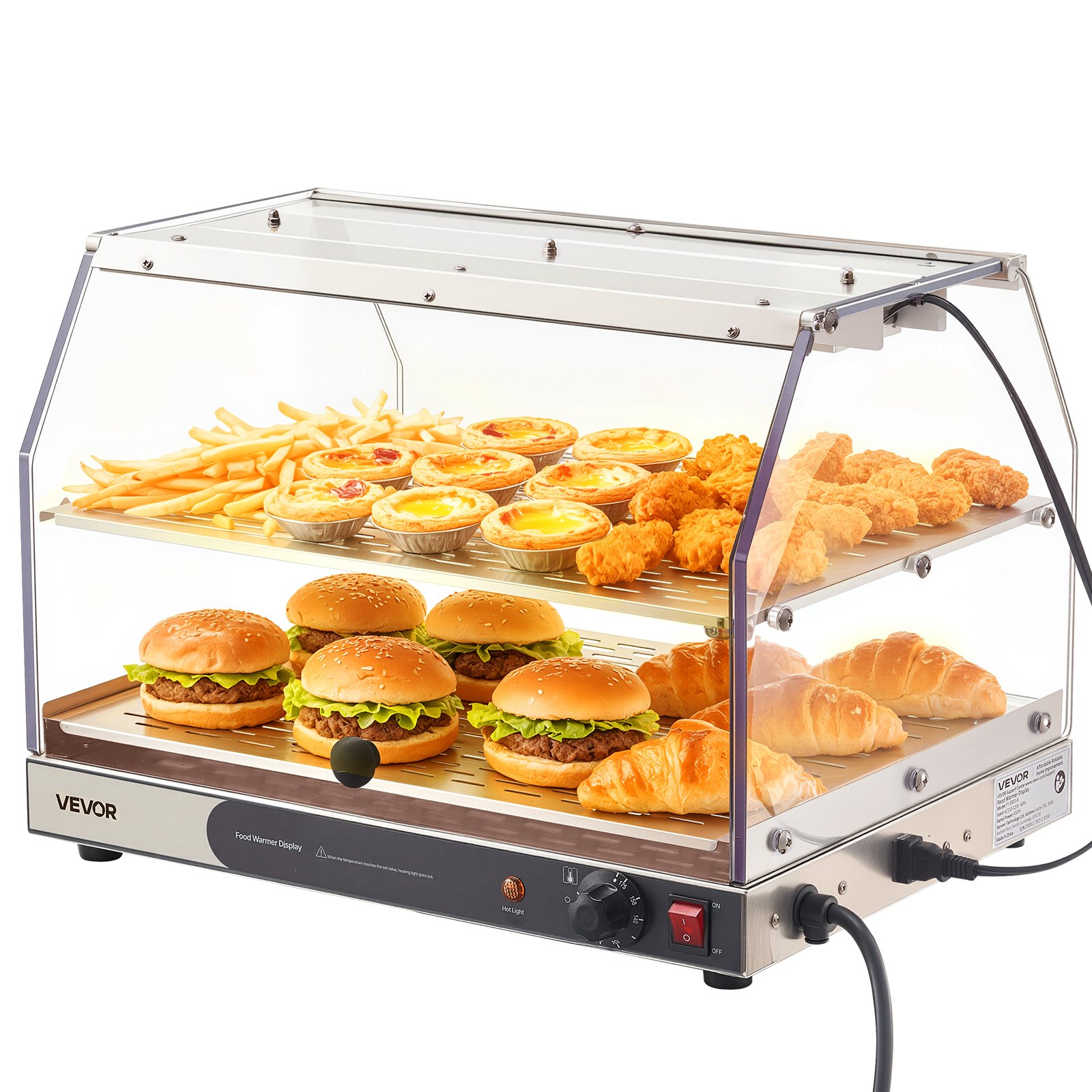 VEVOR 2-Tier Commercial Food Warmer Display, 450W Food Display Warmer with Light, Detachable Shelves and Double-Sided Door Design, 85℉~185℉ Air Heating, 48L for Hamburger, Pizza, Bread, Fried Chicken