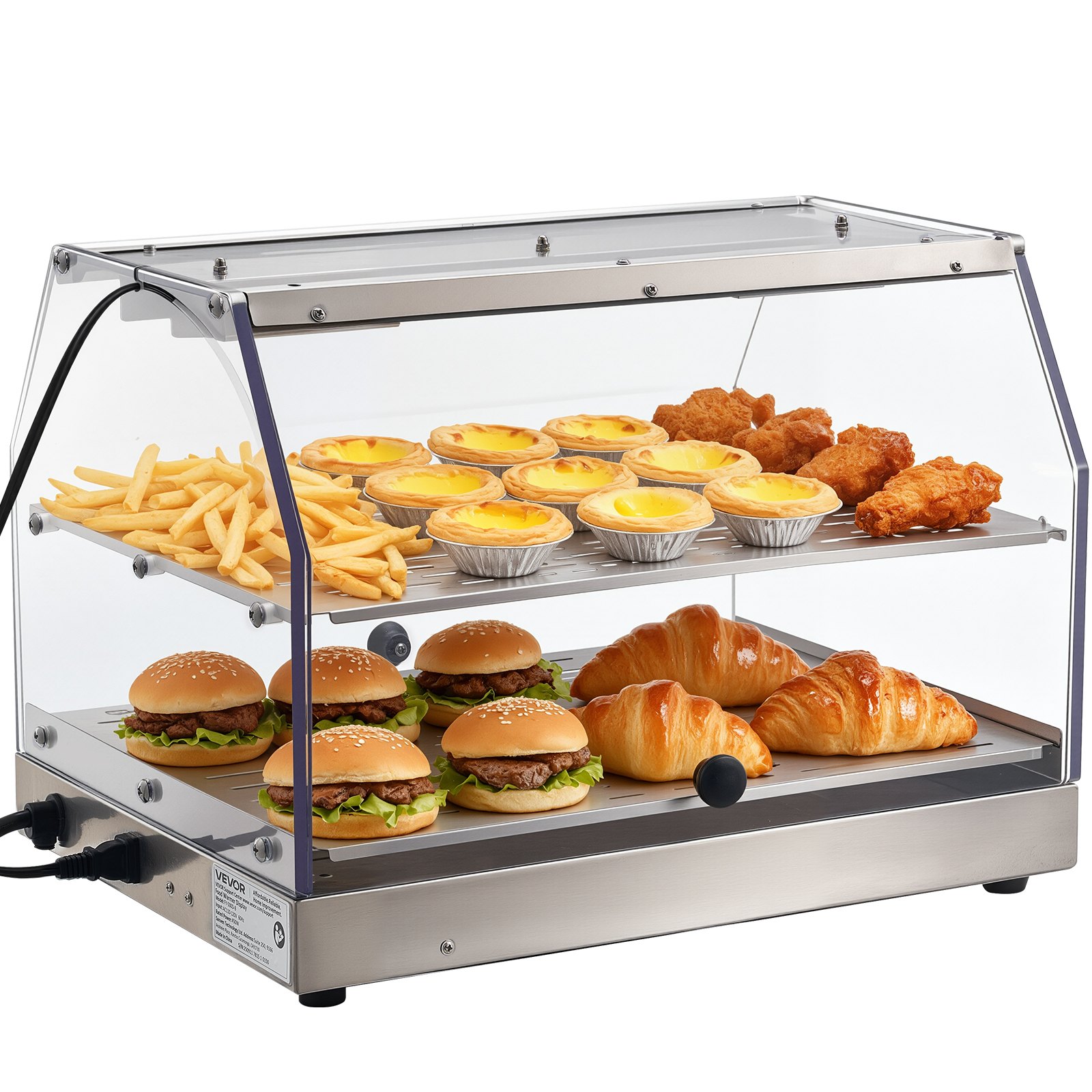 VEVOR 2-Tier Commercial Food Warmer Display, 450W Food Display Warmer with Light, Detachable Shelves and Double-Sided Door Design, 85℉~185℉ Air Heating, 48L for Hamburger, Pizza, Bread, Fried Chicken