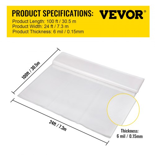 VEVOR Greenhouse Film, 24' x 100' Greenhouse Plastic Sheeting, 6 mil Thickness Suncover Greenhouse, Clear Polyethylene Cover, UV Proof Farm Plastic Supply for Gardening, Farming and Agriculture