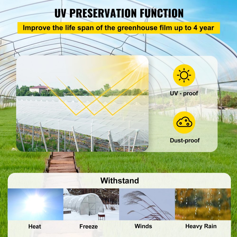 VEVOR Greenhouse Film, 24\' x 100\' Greenhouse Plastic Sheeting, 6 mil Thickness Suncover Greenhouse, Clear Polyethylene Cover, UV Proof Farm Plastic Supply for Gardening, Farming and Agriculture