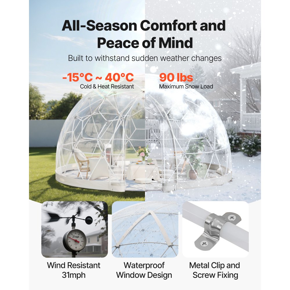 VEVOR Garden Dome Tent, 4.5 x 2.7 m Outdoor Clear Bubble Tent for 10-14 Person, Weatherproof Geodesic Dome Greenhouse with Window, PVC Igloo Tents for Backyard Patios Camping Party Wedding