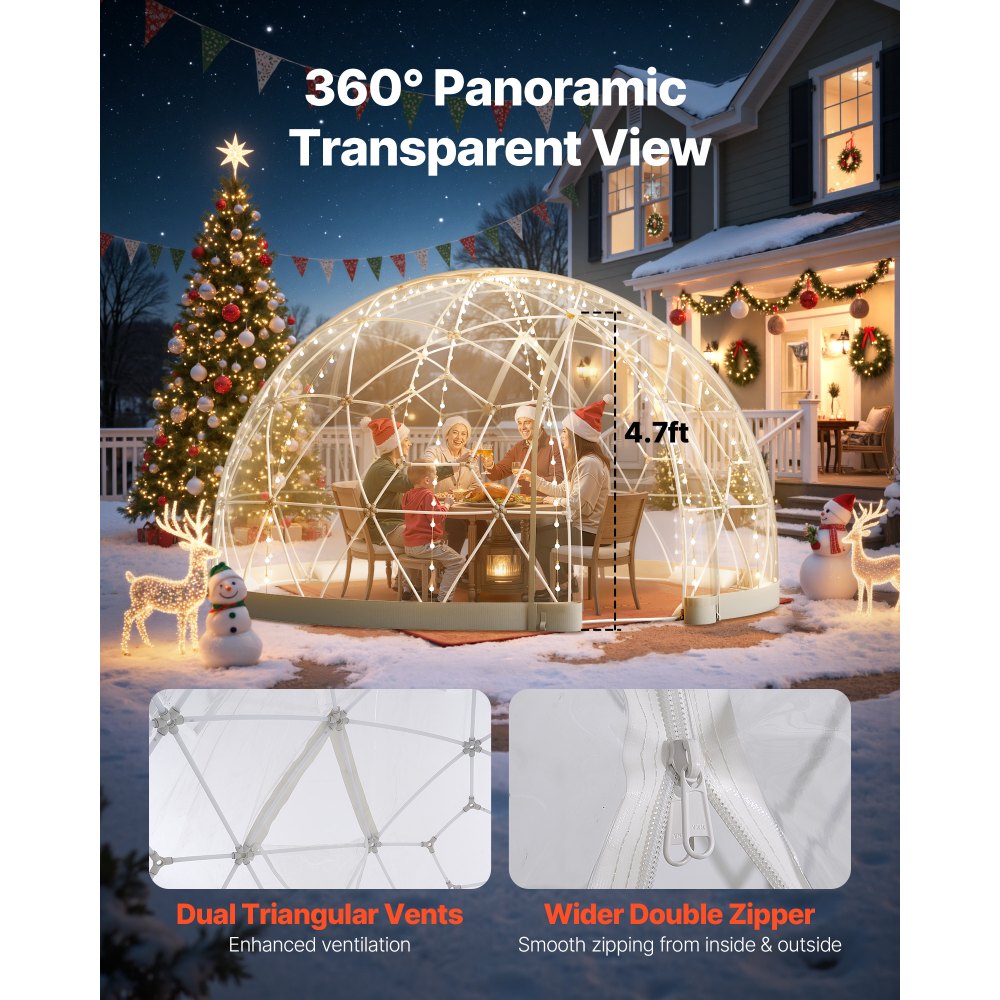VEVOR Garden Dome Tent, 9.5 x 5.7 ft Outdoor Clear Bubble Tent for 2-4 Person, Weatherproof Geodesic Dome Greenhouse with Window, PVC Igloo Tents for Backyard Patios Camping Party Wedding