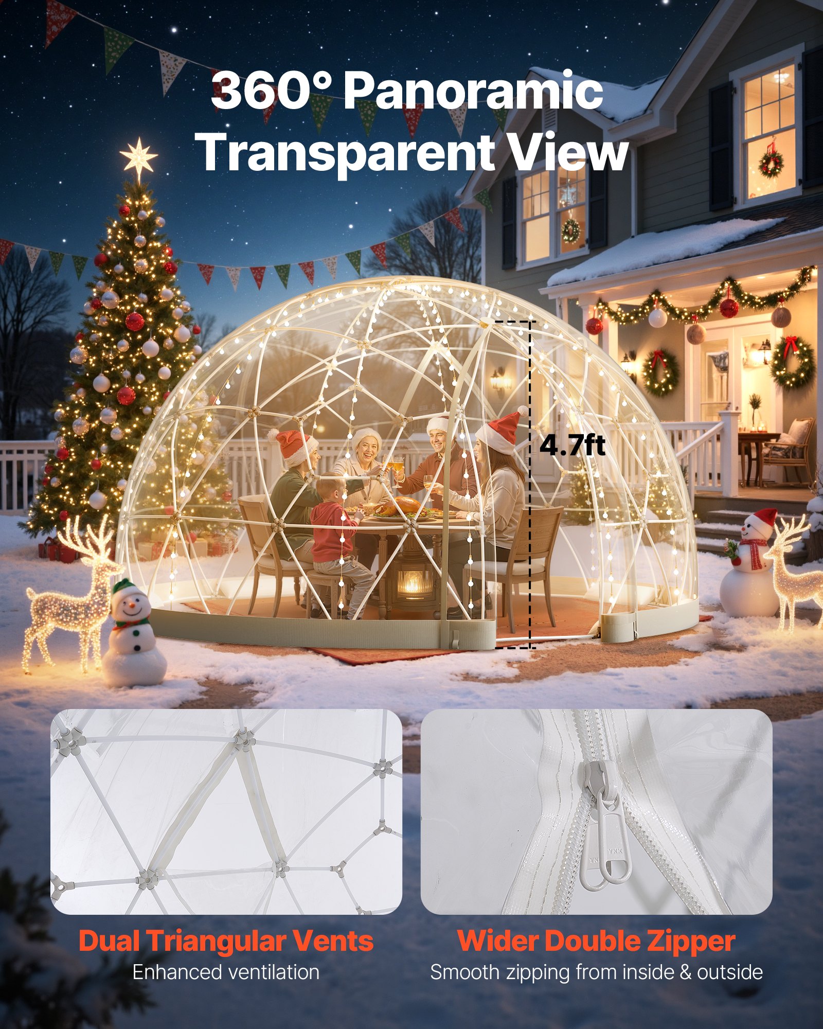 VEVOR Garden Dome Tent, 9.5 x 5.7 ft Outdoor Clear Bubble Tent for 2-4 Person, Weatherproof Geodesic Dome Greenhouse with Window, PVC Igloo Tents for Backyard Patios Camping Party Wedding