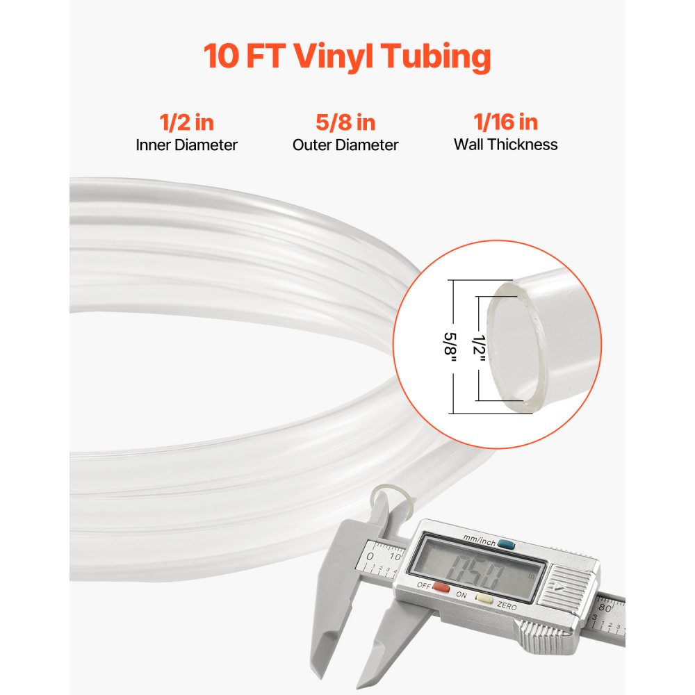 VEVOR Clear Vinyl Tubing, 1/2" ID x 5/8" OD, 10FT Plastic PVC Tubing, Flexible and Cuttable Clear Hose, 1/16 in Wall Thickness, High-strength PVC Material for Aquarium Irrigation Swimming Pool Lab