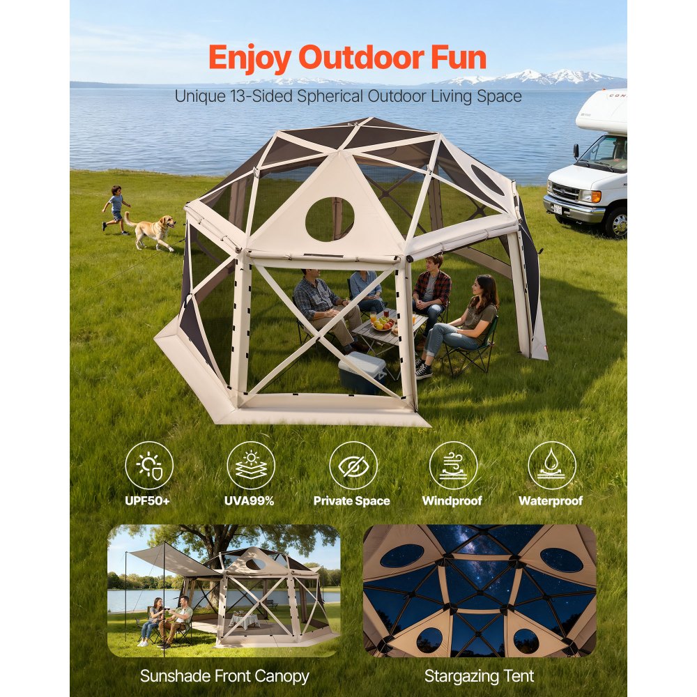 VEVOR Pop up Gazebo Screen Tent, 4.57 x 4.57 m, 13-Sided Spherical Camping Canopy Tent with Removable Top & Carry Bag, Quick-Set & Bite-Proof, Screen House Sun Shelter for 12-15 Persons, Beige