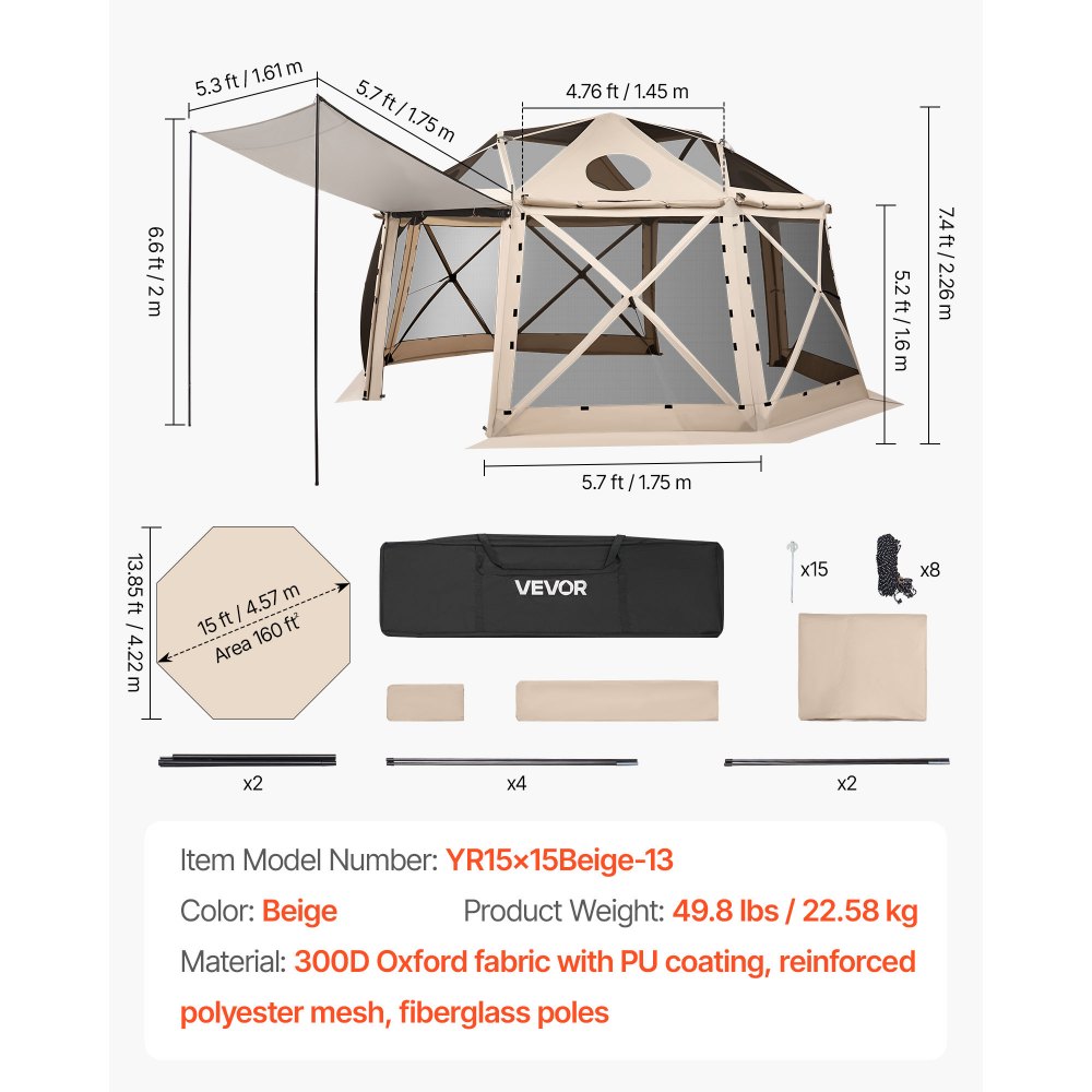 VEVOR Pop up Gazebo Screen Tent, 4.57 x 4.57 m, 13-Sided Spherical Camping Canopy Tent with Removable Top & Carry Bag, Quick-Set & Bite-Proof, Screen House Sun Shelter for 12-15 Persons, Beige