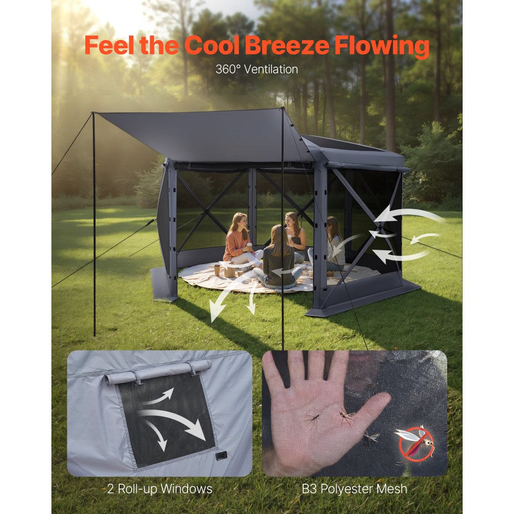 VEVOR Pop up Gazebo Screen Tent, 12 x 12 ft Large 6-Sided Camping Canopy Tent with Removable Top & Carry Bag, Quick-Set & Bite-Proof, Screen House Sun Shelter for 8-10 Persons Backyard Patio, Grey