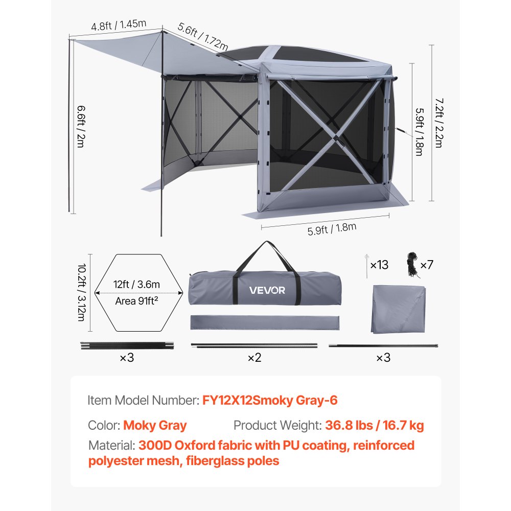 VEVOR Pop up Gazebo Screen Tent, 12 x 12 ft Large 6-Sided Camping Canopy Tent with Removable Top & Carry Bag, Quick-Set & Bite-Proof, Screen House Sun Shelter for 8-10 Persons Backyard Patio, Grey