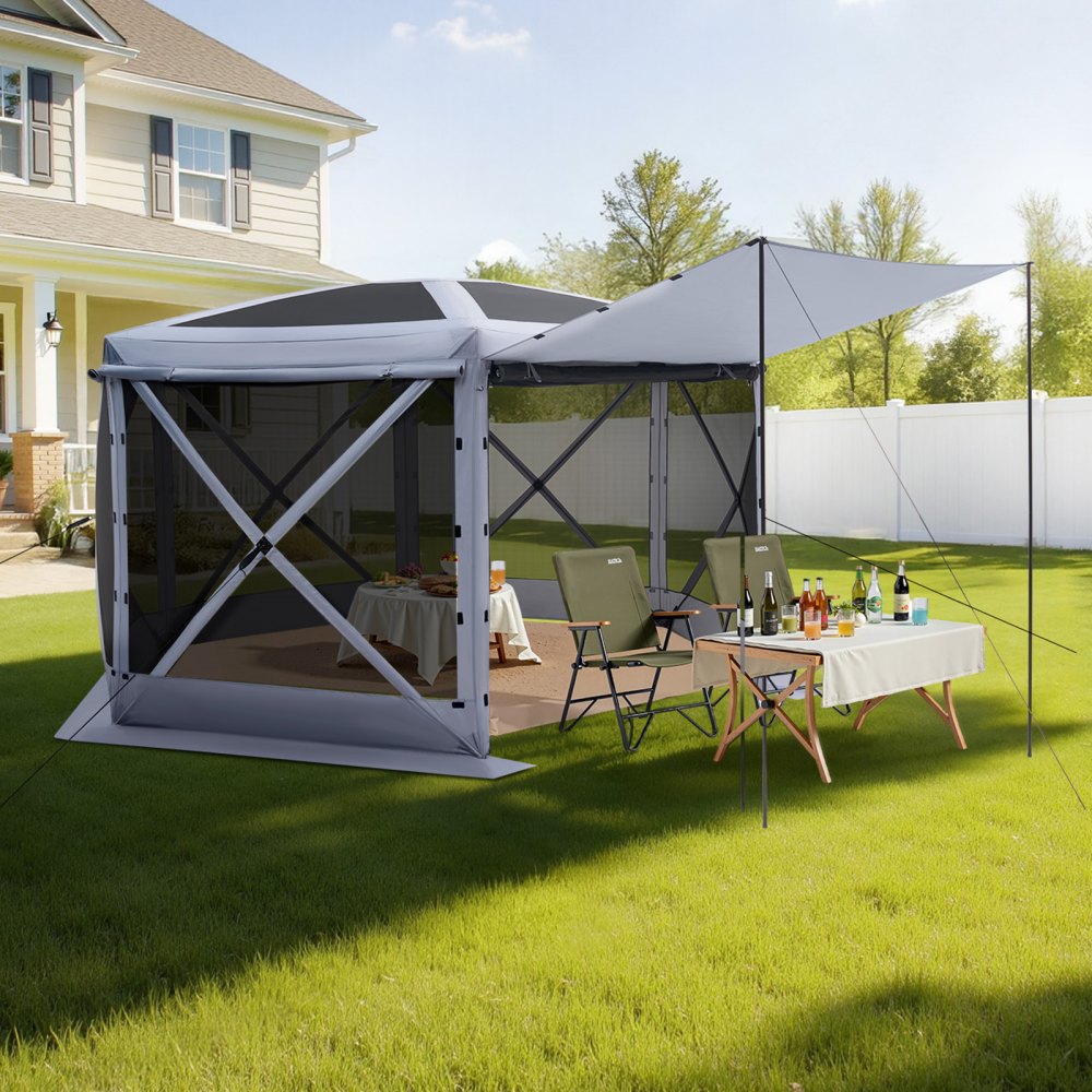 VEVOR Pop up Gazebo Screen Tent, 12 x 12 ft Large 6-Sided Camping Canopy Tent with Removable Top & Carry Bag, Quick-Set & Bite-Proof, Screen House Sun Shelter for 8-10 Persons Backyard Patio, Grey