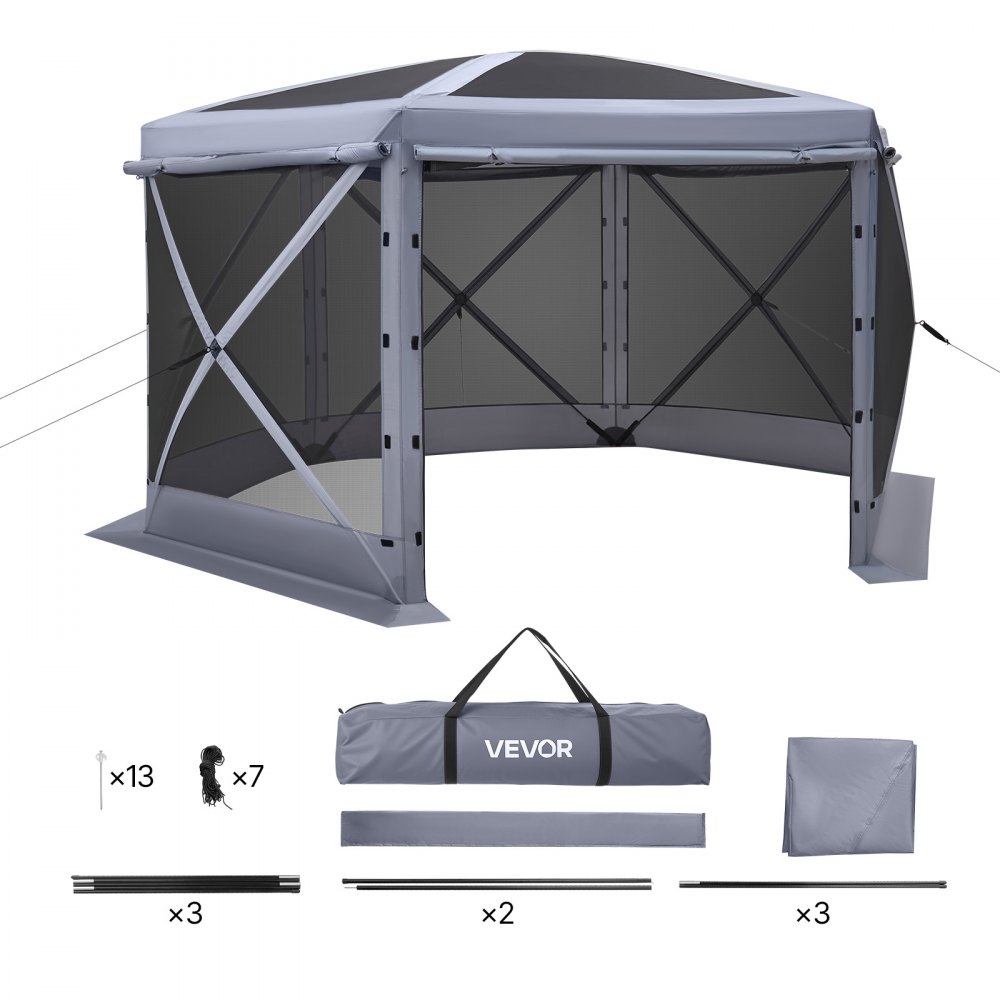 VEVOR Pop up Gazebo Screen Tent, 12 x 12 ft Large 6-Sided Camping Canopy Tent with Removable Top & Carry Bag, Quick-Set & Bite-Proof, Screen House Sun Shelter for 8-10 Persons Backyard Patio, Grey