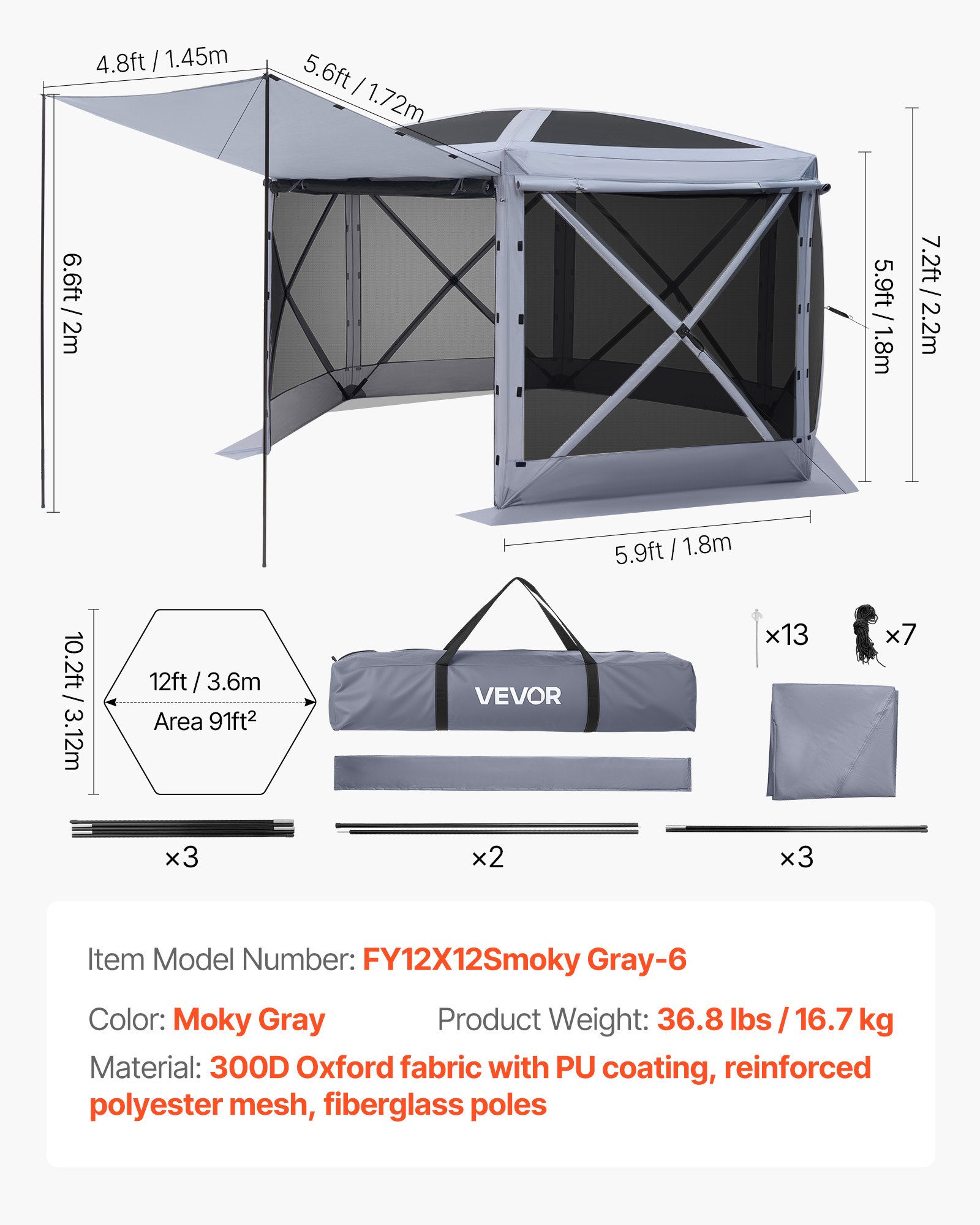 VEVOR Pop up Gazebo Screen Tent, 3.6 x 3.6 m Large 6-Sided Camping Canopy Tent with Removable Top & Carry Bag, Quick-Set & Bite-Proof, Screen House Sun Shelter for 8-10 Persons Backyard Patio, Grey