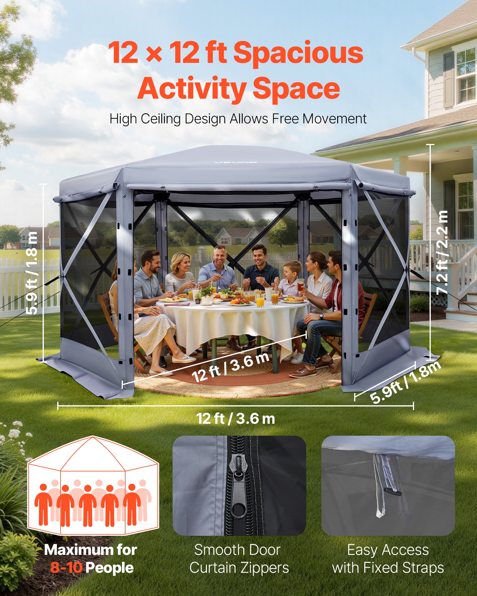 VEVOR Pop up Gazebo Screen Tent, 12 x 12 ft Large 6-Sided Camping Canopy Tent with Removable Top & Carry Bag, Quick-Set & Bite-Proof, Screen House Sun Shelter for 8-10 Persons Backyard Patio, Grey