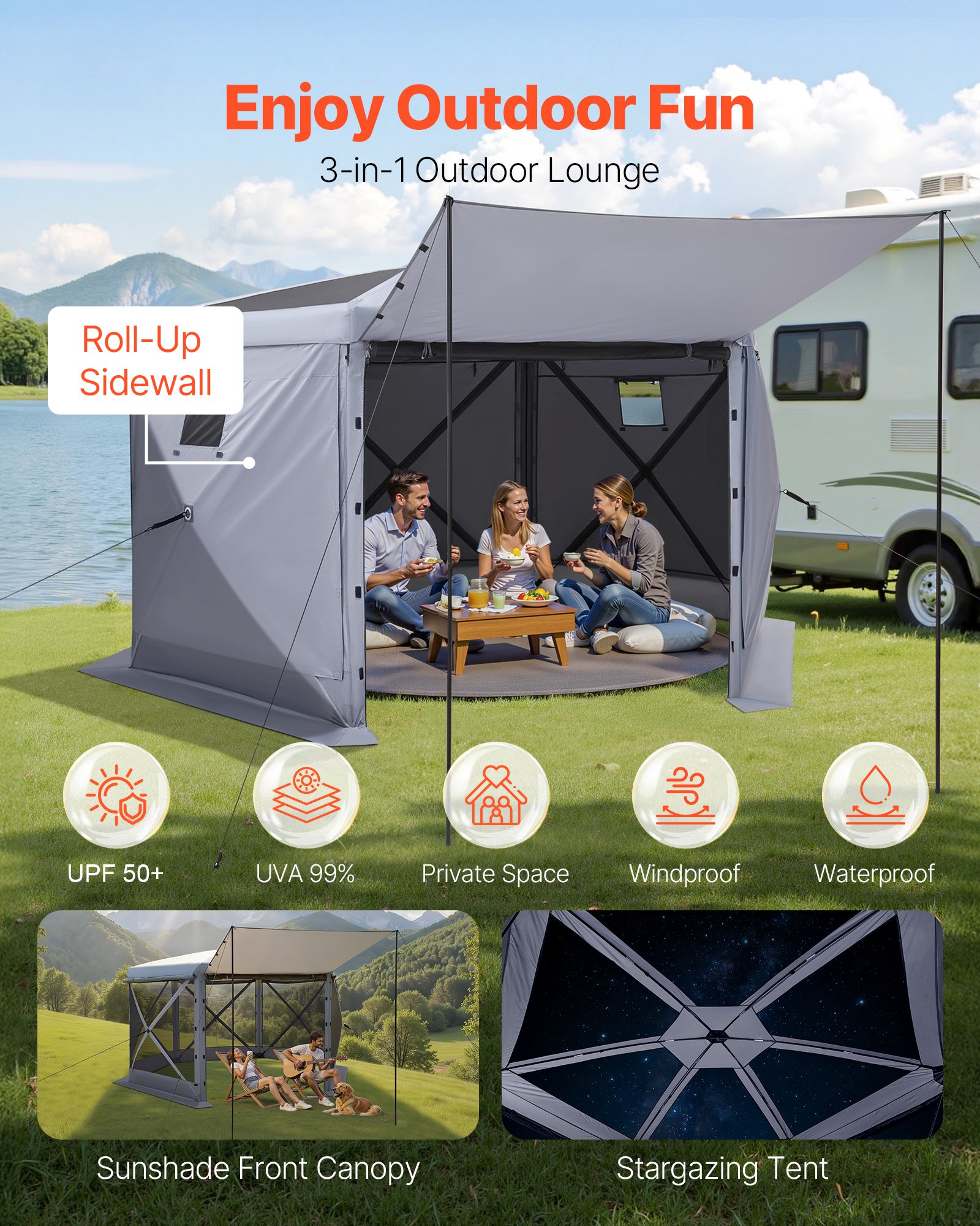 VEVOR Pop up Gazebo Screen Tent, 12 x 12 ft Large 6-Sided Camping Canopy Tent with Removable Top & Carry Bag, Quick-Set & Bite-Proof, Screen House Sun Shelter for 8-10 Persons Backyard Patio, Grey