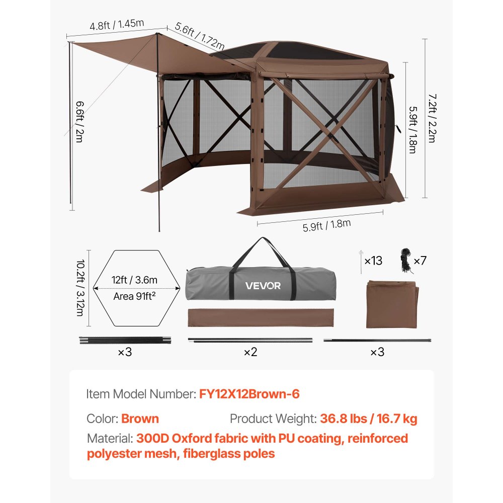 VEVOR Pop up Gazebo Screen Tent, 3.6 x 3.6 m Large 6-Sided Camping Canopy Tent with Removable Top & Carry Bag, Quick-Set & Bite-Proof, Screen House Sun Shelter for 8-10 Persons Backyard Patio, Brown