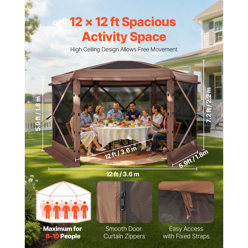 VEVOR Pop up Gazebo Screen Tent, 3.6 x 3.6 m Large 6-Sided Camping Canopy Tent with Removable Top & Carry Bag, Quick-Set & Bite-Proof, Screen House Sun Shelter for 8-10 Persons Backyard Patio, Brown