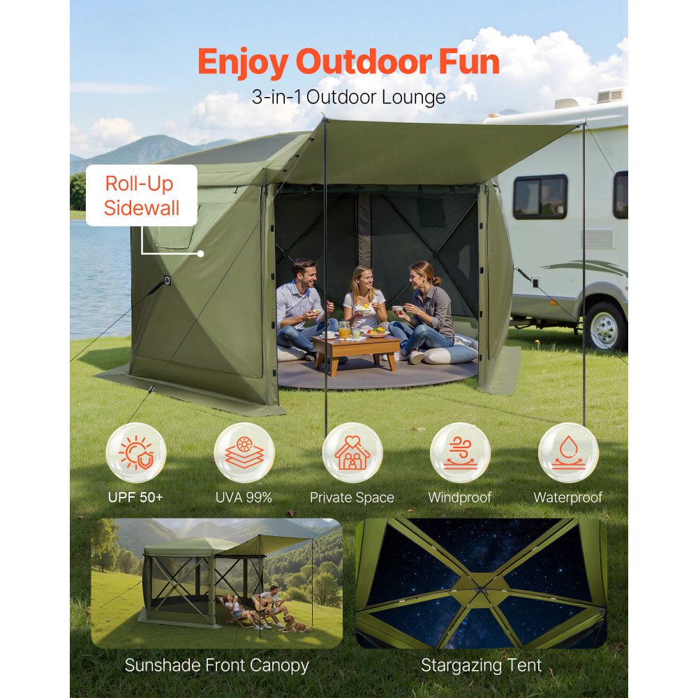 VEVOR Pop up Gazebo Screen Tent, 10 x 10 ft Large 6-Sided Camping Canopy Tent with Removable Top & Carry Bag, Quick-Set & Bite-Proof, Screen House Sun Shelter for 6-8 Persons Backyard Patio, Green