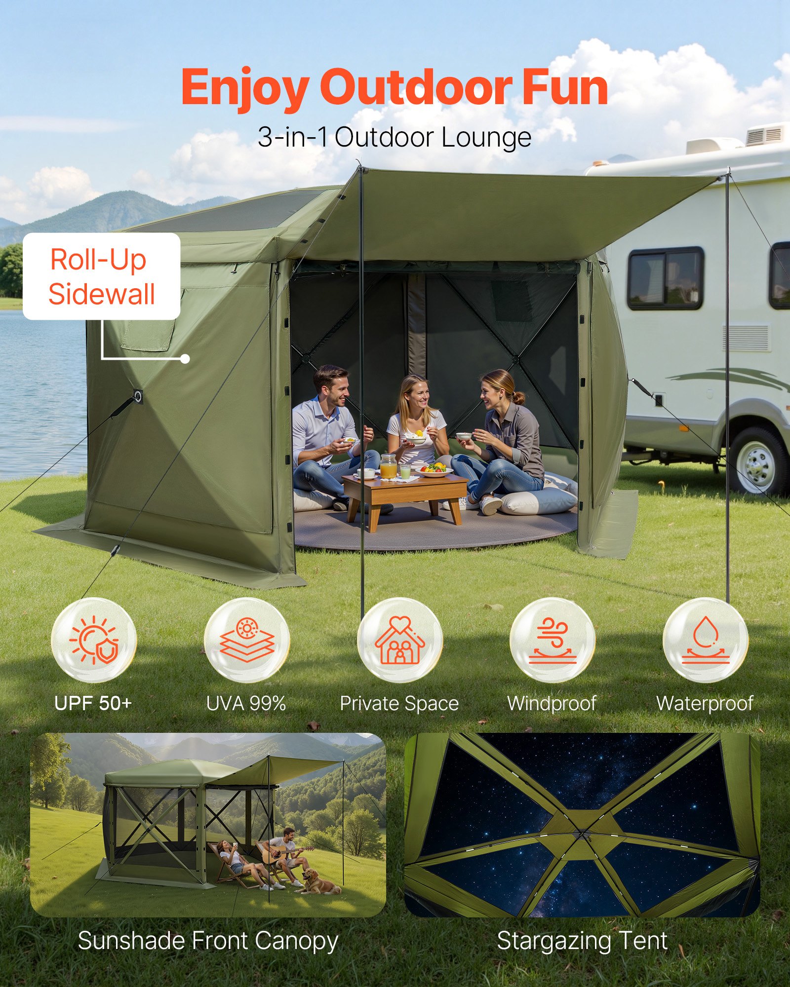 VEVOR Pop up Gazebo Screen Tent, 10 x 10 ft Large 6-Sided Camping Canopy Tent with Removable Top & Carry Bag, Quick-Set & Bite-Proof, Screen House Sun Shelter for 6-8 Persons Backyard Patio, Green