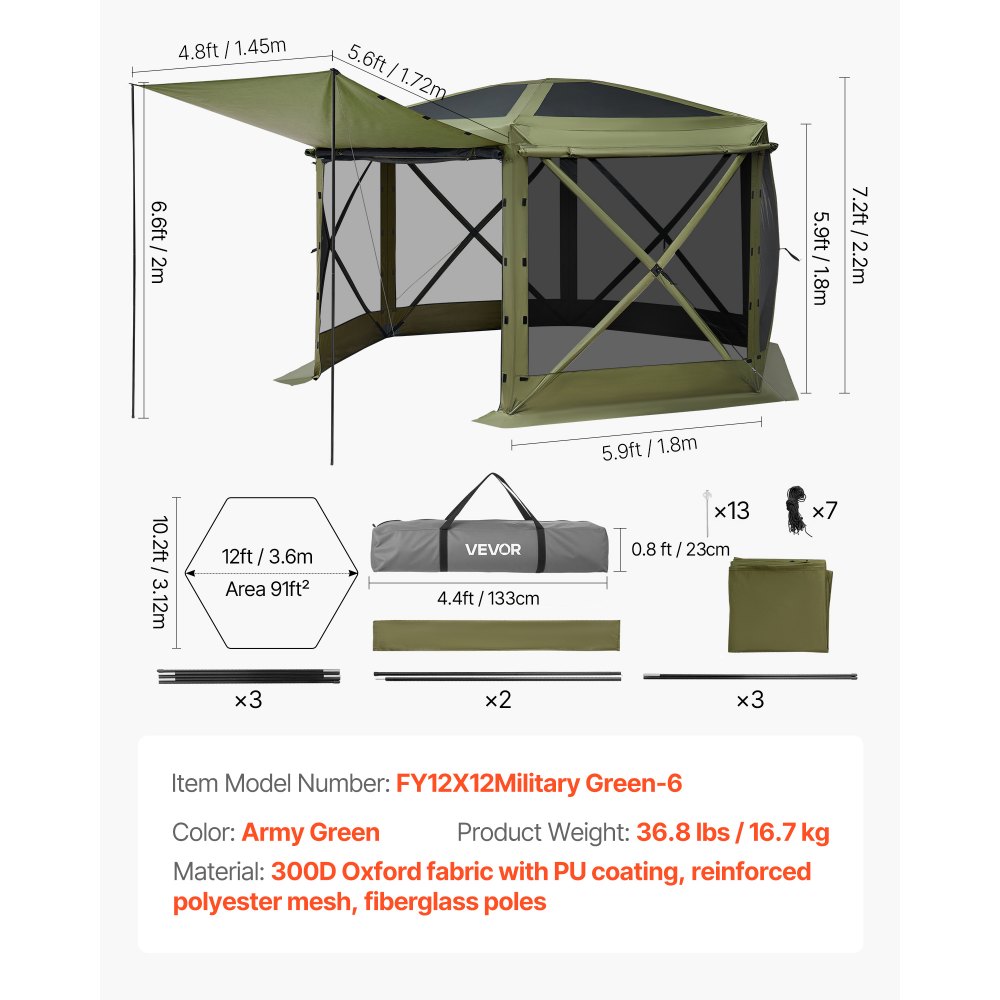 VEVOR Pop up Gazebo Screen Tent, 3.6 x 3.6 m Large 6-Sided Camping Canopy Tent with Removable Top & Carry Bag, Quick-Set & Bite-Proof, Screen House Sun Shelter for 8-10 Persons Backyard Patio, Green