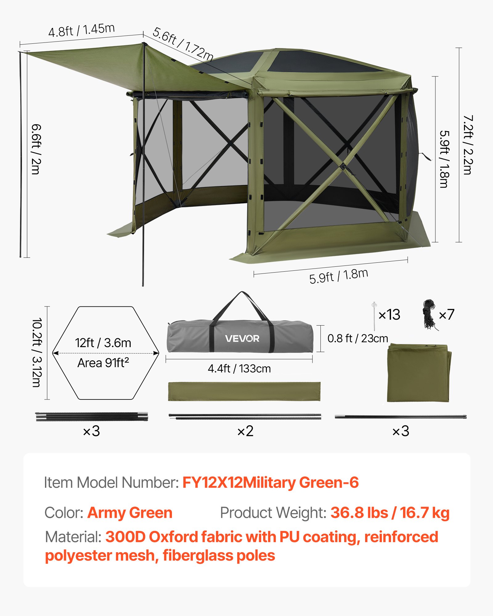 VEVOR Pop up Gazebo Screen Tent, 3.6 x 3.6 m Large 6-Sided Camping Canopy Tent with Removable Top & Carry Bag, Quick-Set & Bite-Proof, Screen House Sun Shelter for 8-10 Persons Backyard Patio, Green