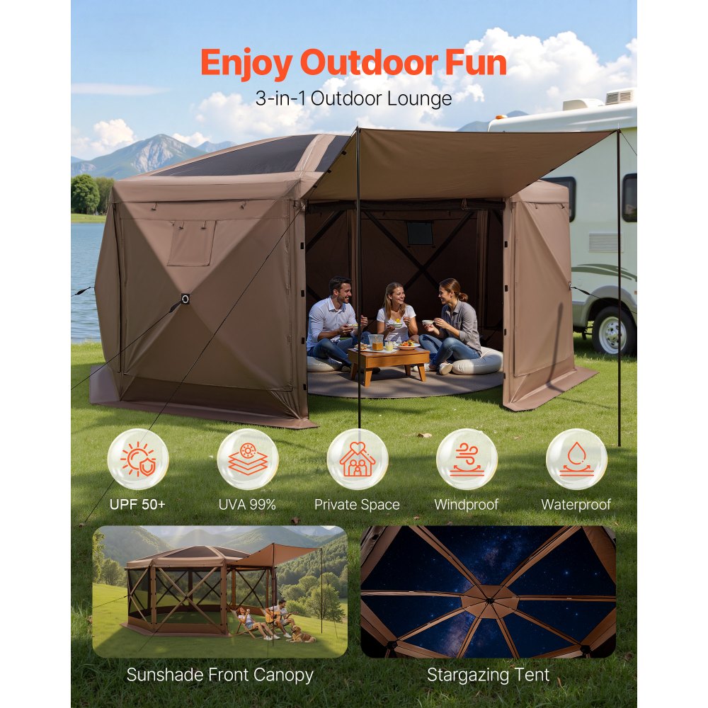 VEVOR Pop up Gazebo Screen Tent, 3.6x3.6 m Large 8-Sided Camping Canopy Tent with Removable Top & Carry Bag, Quick-Set & Bite-Proof, Screen House Sun Shelter for 12-15 Persons Backyard Patio, Brown