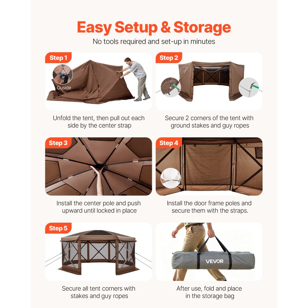 VEVOR Pop up Gazebo Screen Tent, 3.6x3.6 m Large 8-Sided Camping Canopy Tent with Removable Top & Carry Bag, Quick-Set & Bite-Proof, Screen House Sun Shelter for 12-15 Persons Backyard Patio, Brown