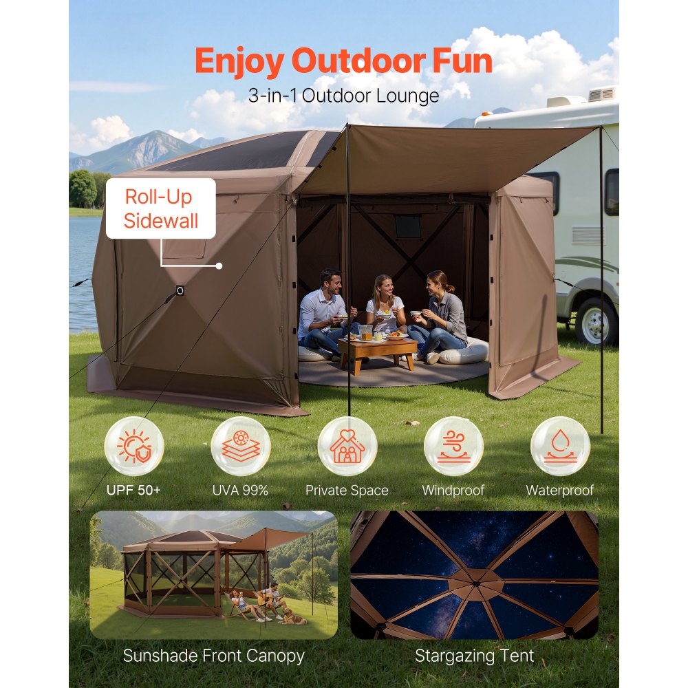 VEVOR Pop up Gazebo Screen Tent, 15 x 15 ft Large 8-Sided Camping Canopy Tent with Removable Top & Carry Bag, Quick-Set & Bite-Proof, Screen House Sun Shelter for 12-15 Persons Backyard Patio, Brown