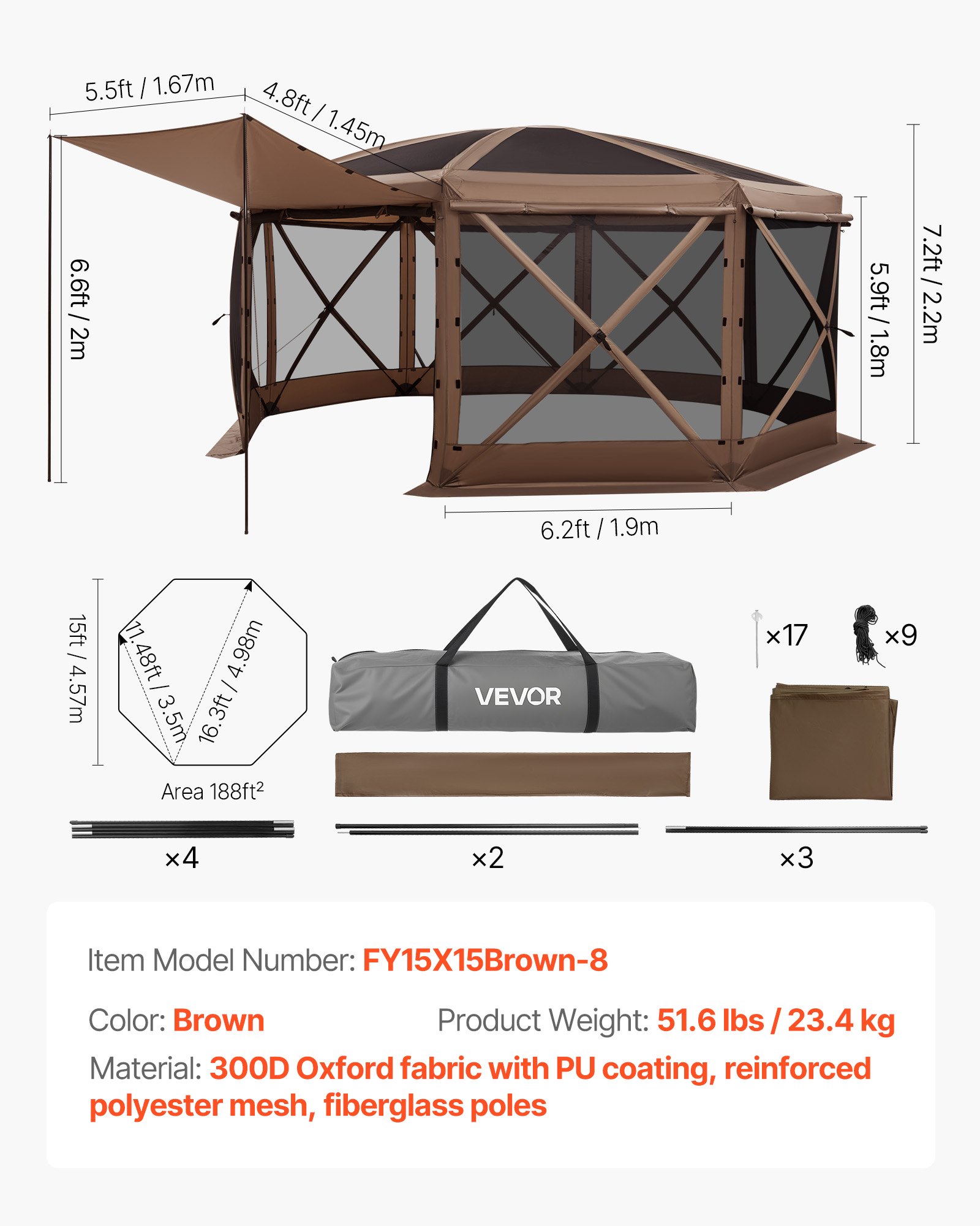 VEVOR Pop up Gazebo Screen Tent, 15 x 15 ft Large 8-Sided Camping Canopy Tent with Removable Top & Carry Bag, Quick-Set & Bite-Proof, Screen House Sun Shelter for 12-15 Persons Backyard Patio, Brown