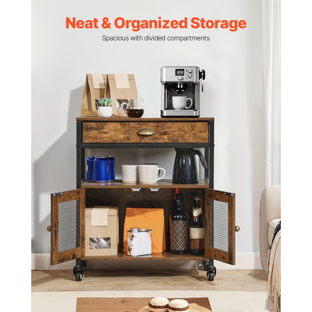 VEVOR Coffee Bar Cabinet, 61 x 36 x 70.5 cm Farmhouse Coffee Bar Cabinet with 4-Tier Storage, Movable Coffee Bar Table with Wheels & Mesh Door, Sideboard Buffet Cabinet for Kitchen, Entryway