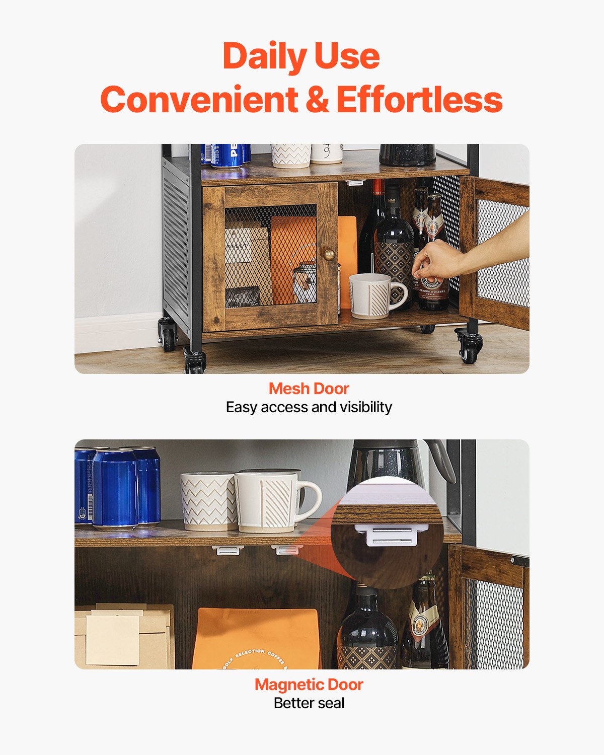 VEVOR Coffee Bar Cabinet, 61 x 36 x 70.5 cm Farmhouse Coffee Bar Cabinet with 4-Tier Storage, Movable Coffee Bar Table with Wheels & Mesh Door, Sideboard Buffet Cabinet for Kitchen, Entryway