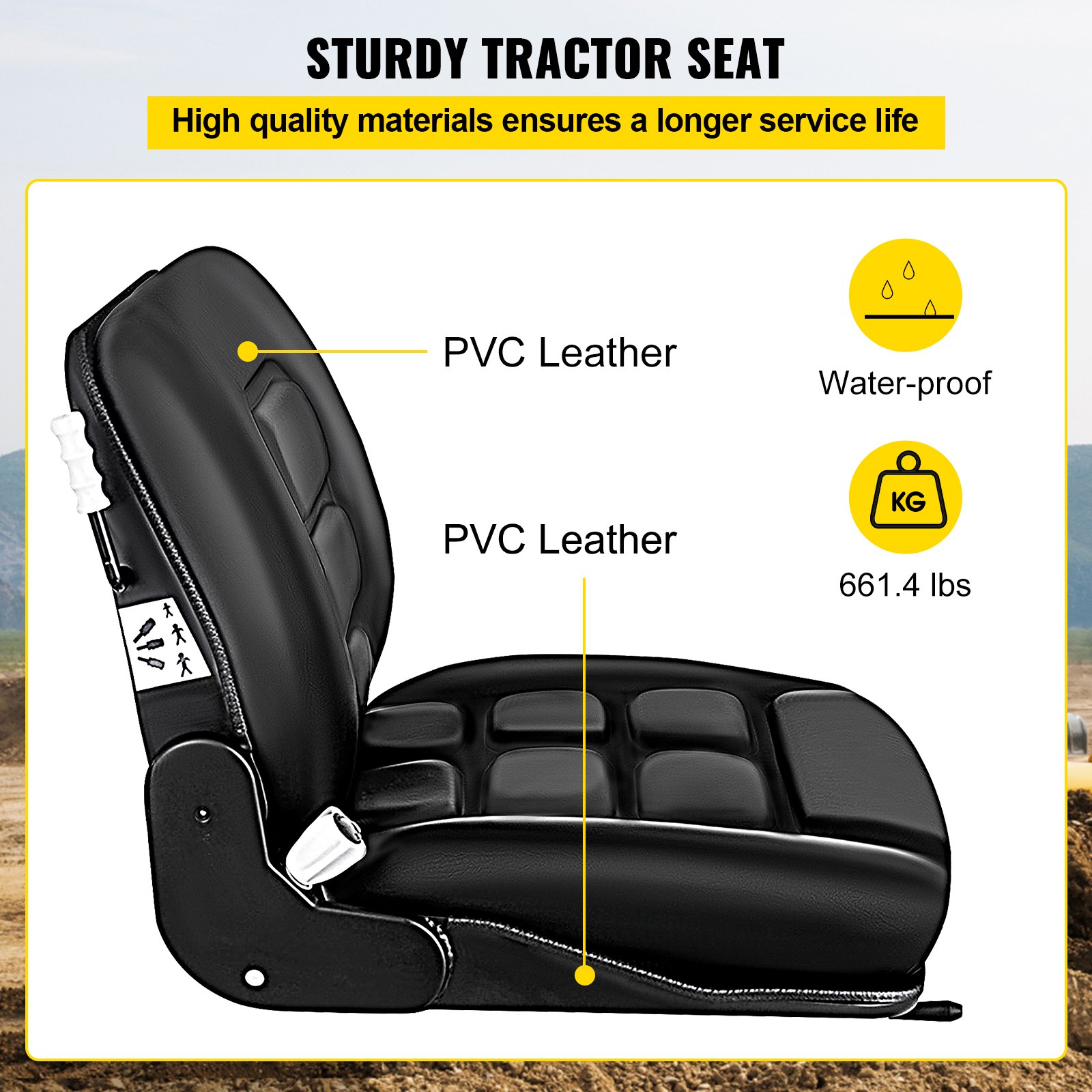 VEVOR Universal Tractor Seat, High Back, Folding Forklift Seat with Adjustable Backrest, Waterproof PVC Mower Seat, Fit Excavator, Forklift, Skid Loader, Black