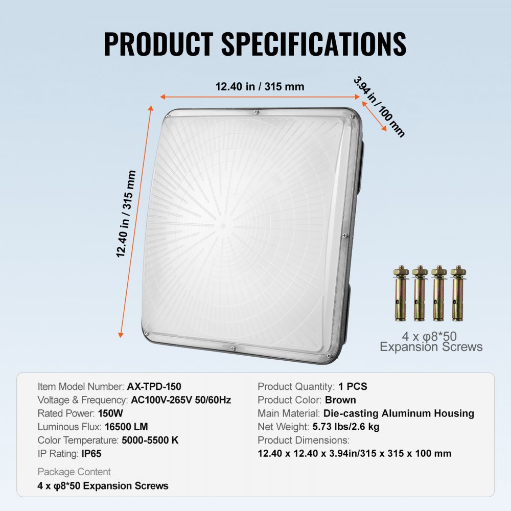VEVOR LED Canopy Light, 150W, 16500LM 5000K Daylight Commercial Industrial Outdoor Canopy Light, 315mm x 315mm Surface Mount Ceiling Lighting for Gas Station Warehouse Garage Street Shop Hotel, IP65