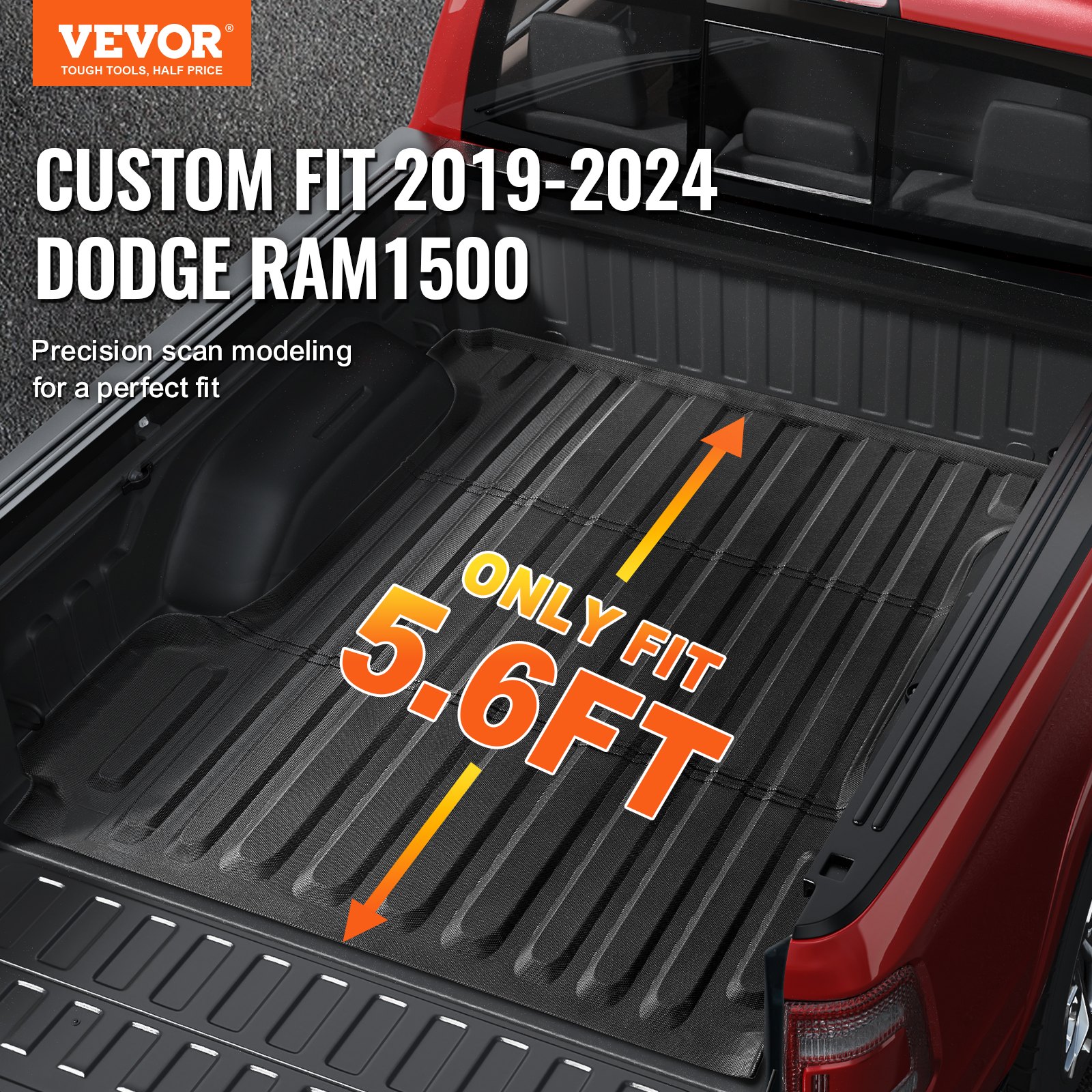 VEVOR Truck Bed Mat, Compatible with 2019-2024 Dodge Ram1500, TPE Truck Bed Liner Mat Fits for 5.6 FT Bed, Thick and Heavy-Duty Bed Mat Car Accessories for All-Weather Protection, Prevent Slipping