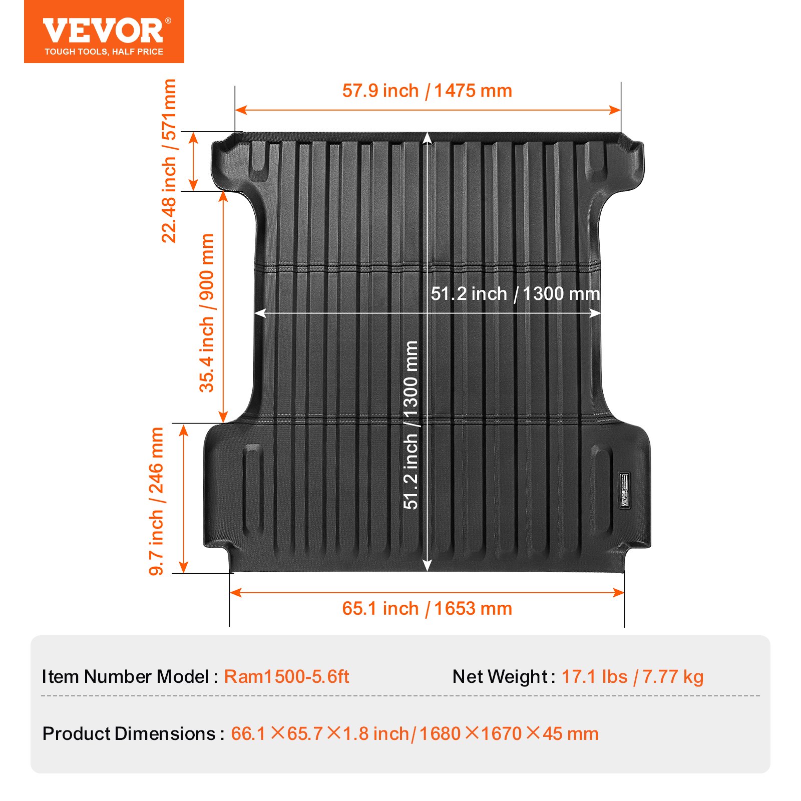 VEVOR Truck Bed Mat, Compatible with 2019-2024 Dodge Ram1500, TPE Truck Bed Liner Mat Fits for 5.6 FT Bed, Thick and Heavy-Duty Bed Mat Car Accessories for All-Weather Protection, Prevent Slipping
