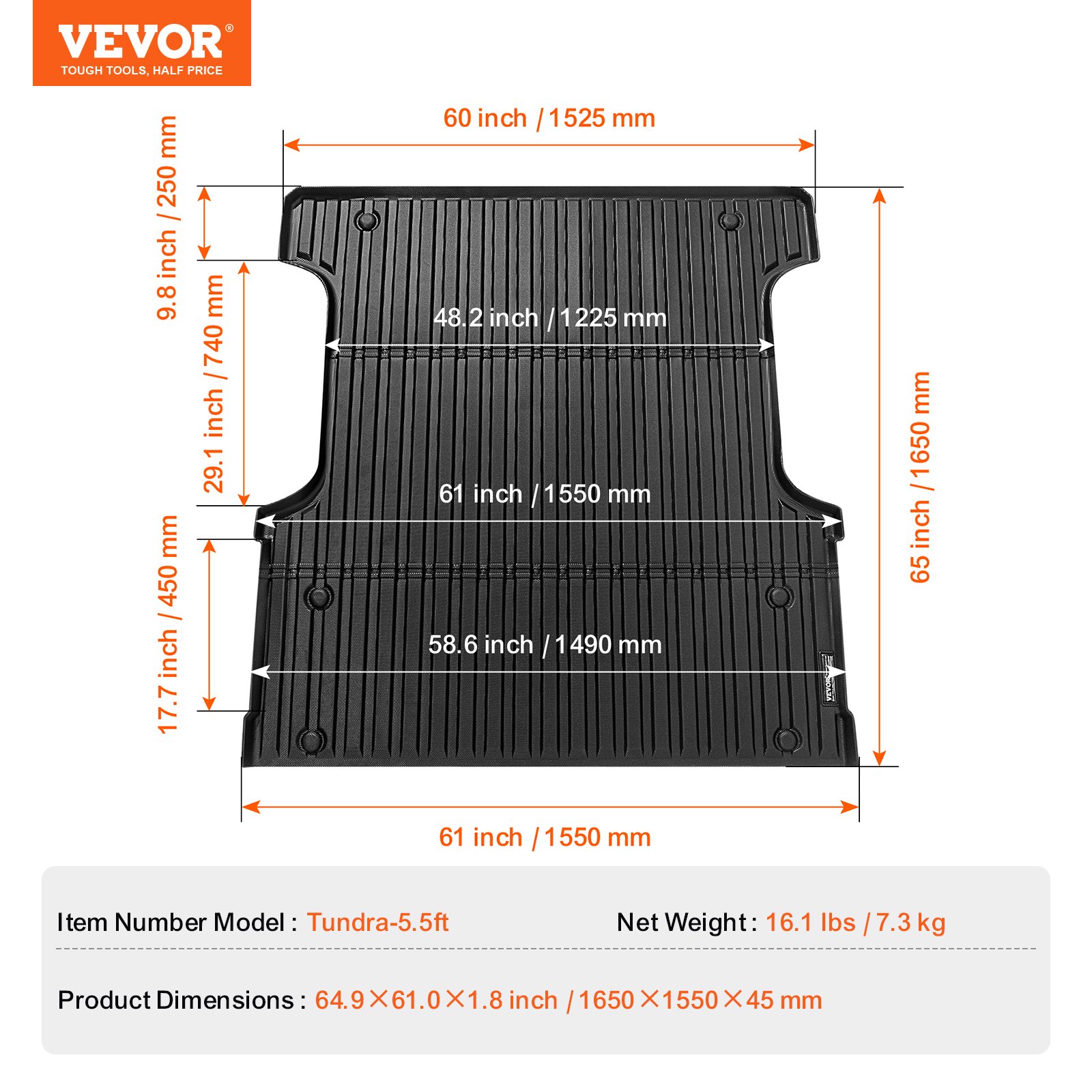 VEVOR Truck Bed Mat, Compatible with 2022-2024 Toyota Tundra, TPE Truck Bed Liner Mat Fits for 5.5 FT Bed, Thick and Heavy-Duty Bed Mat Car Accessories for All-Weather Protection, Prevent Slipping
