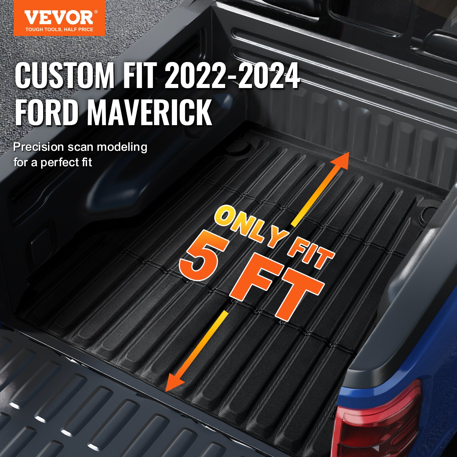 VEVOR Truck Bed Mat, Compatible with 2022-2024 Ford Maverick, TPE Truck Bed Liner Mat Fits for 5 FT Bed, Thick and Heavy-Duty Bed Mat Car Accessories for All-Weather Protection, Prevent Slipping